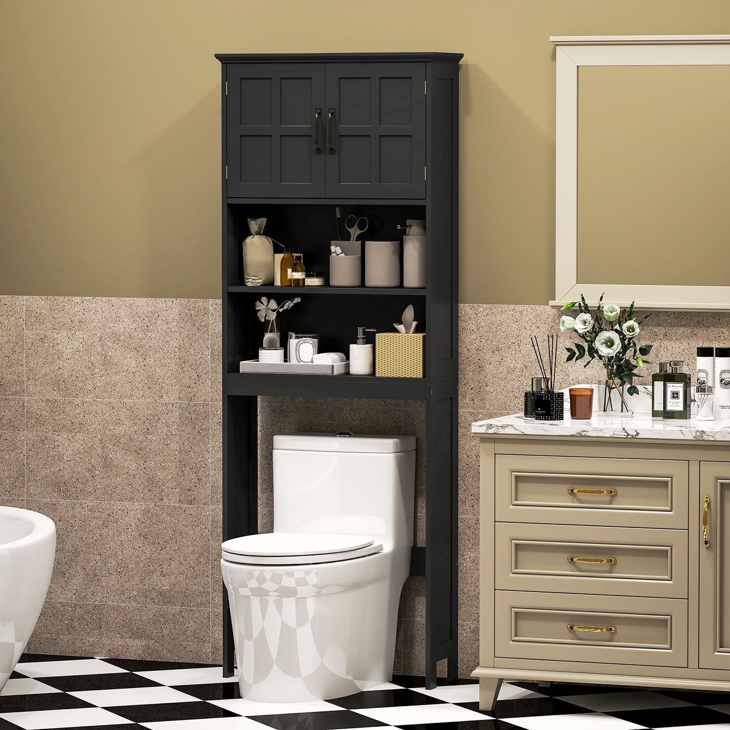 kleankin Modern Over The Toilet Storage, Bathroom Cabinets Over Toilet with Open Shelves and Double Door Cabinet, White