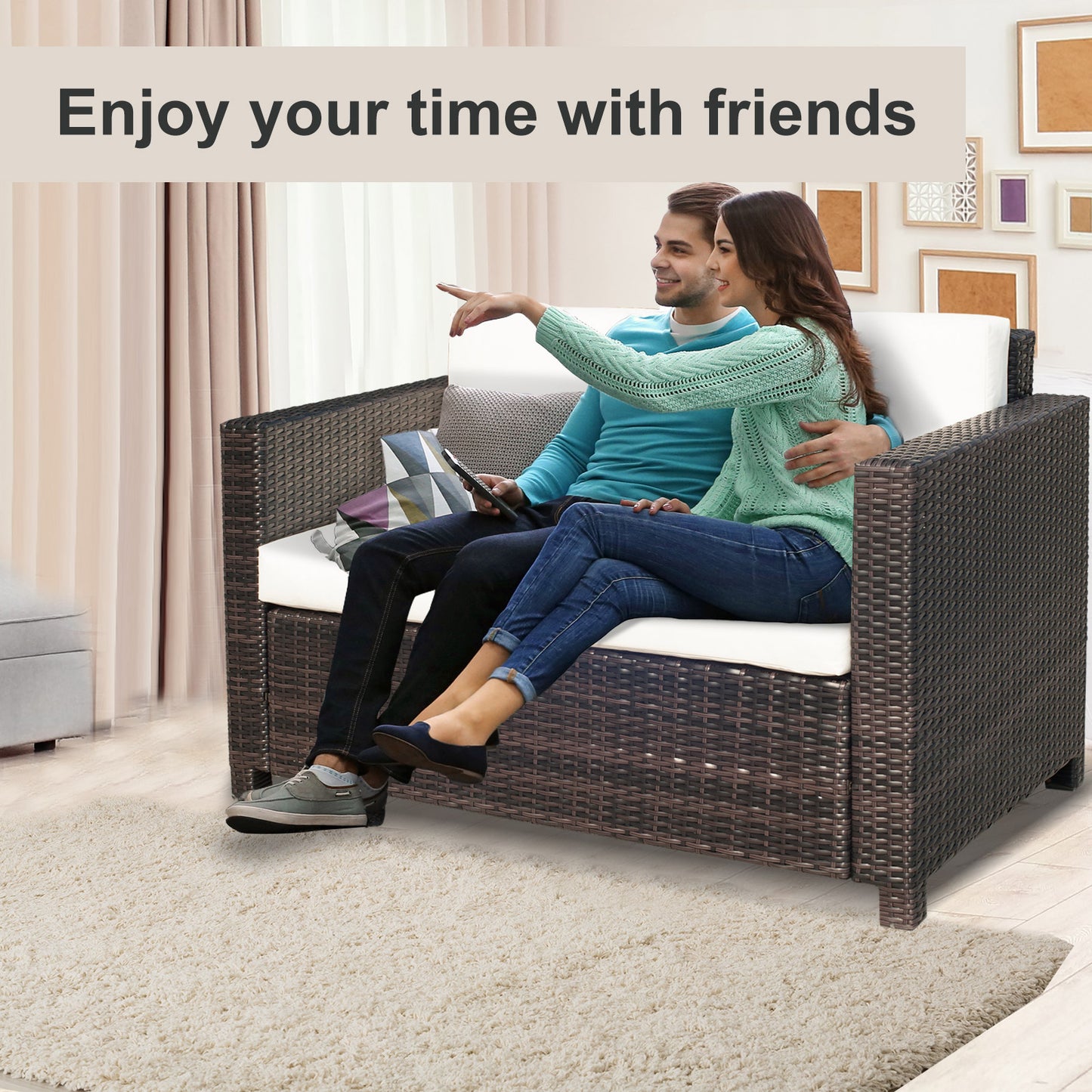 Outsunny 2 Seat Patio Loveseat Deluxe Wicker Sofa Chair Outdoor Rattan Furniture Couch All Weather with Cushion for Balcony, Deck, Garden and Poolside, Grey