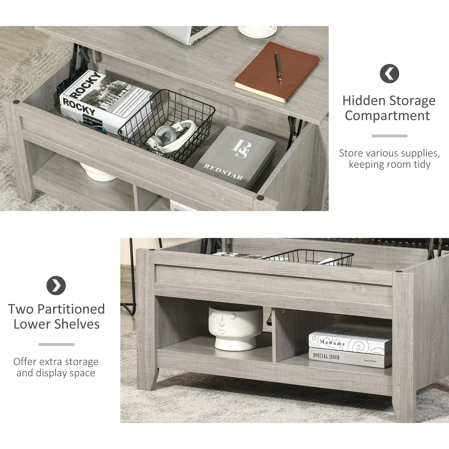 HOMCOM Lift Top Coffee Table with Hidden Storage Compartment and Open Shelves, Lift Tabletop Pop-Up Center Table for Living Room, White