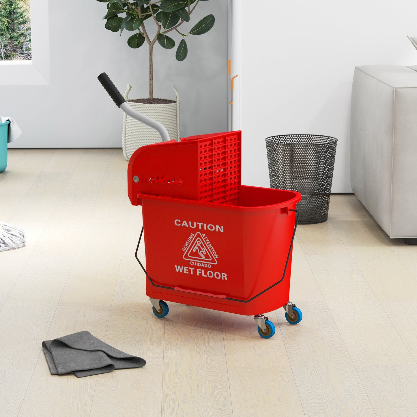 HOMCOM Compact Mop Bucket with Wringer, Mop Bucket on Wheels, 5 Gallon, Separate Dirty and Clean Water, Yellow