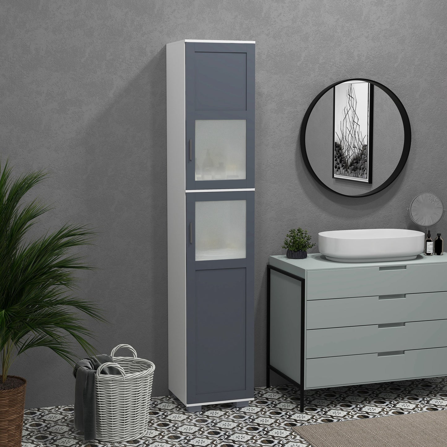 kleankin 75" Tall Bathroom Storage Cabinet, Narrow Bathroom Cabinets with Matte Glass Doors and 5-tier Shelving, White