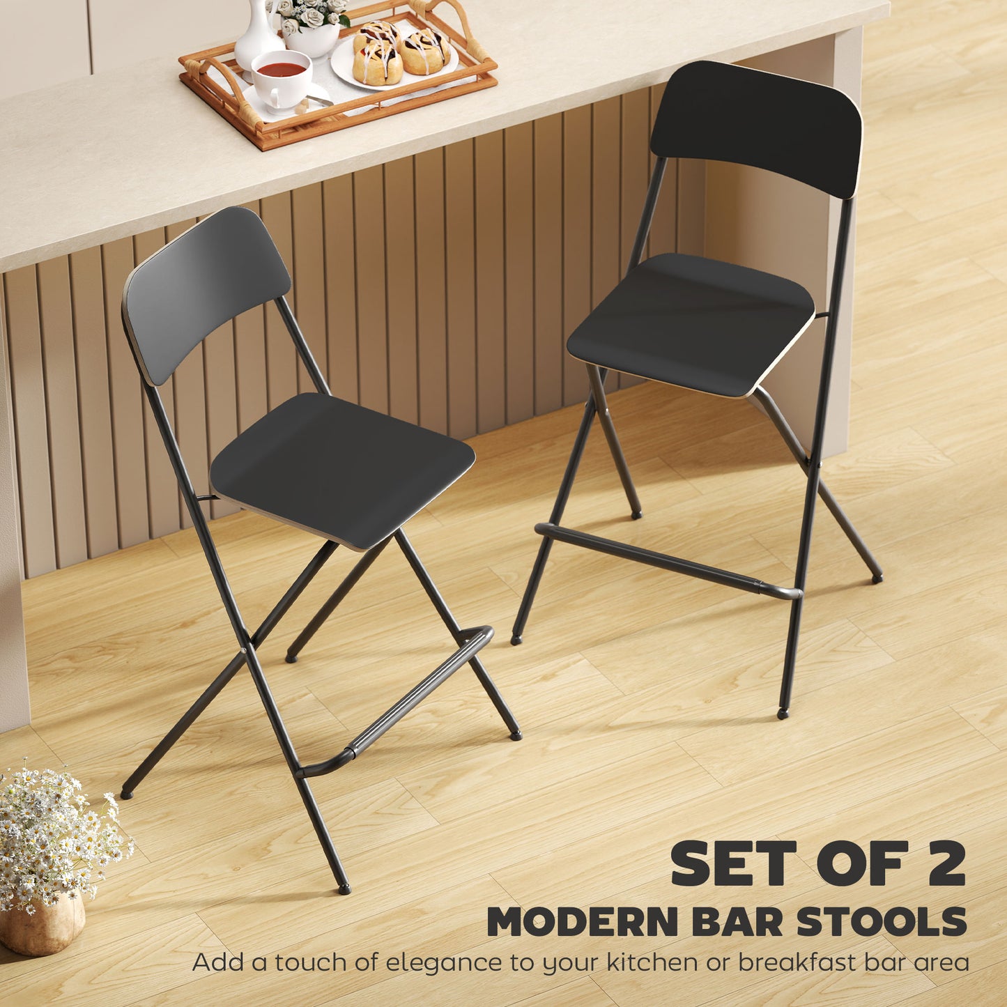 HOMCOM Folding Bar Stools Set of 2, Counter Height Foldable Stool with Wooden Effect Seat and Steel Frame for Kitchen, White