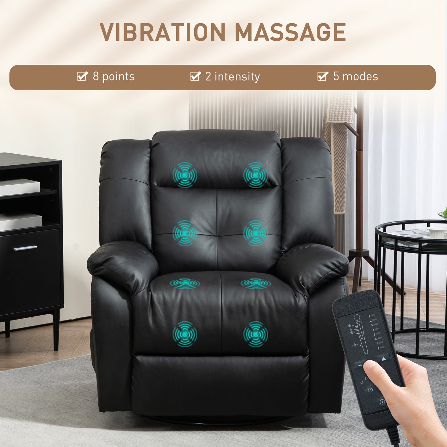 HOMCOM 8-Point Vibration Massage Recliner Chair for Living Room, PU Leather 360° Swivel Manual Reclining Sofa Rocking Chair with Remote Control, Side Pockets, Grey