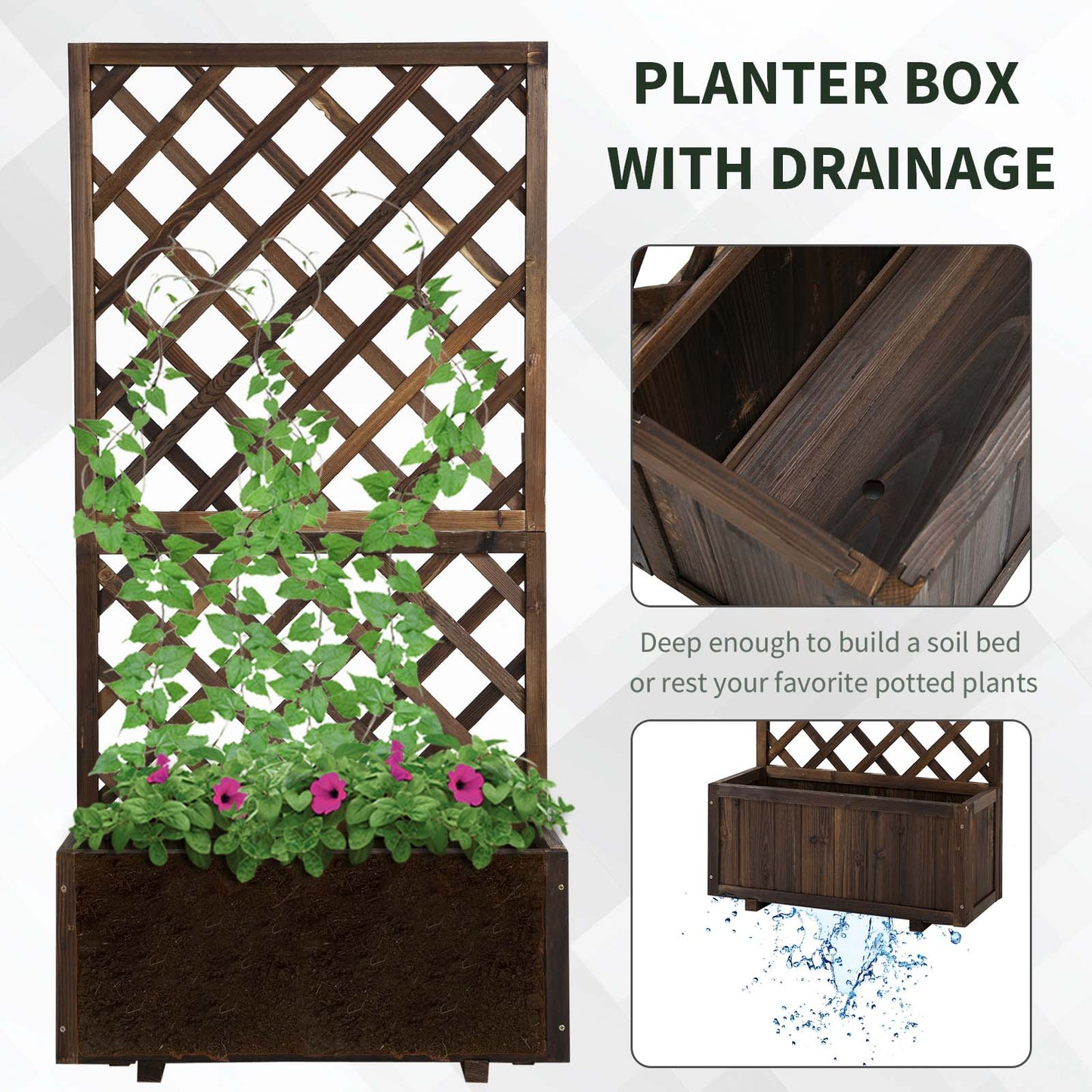 Outsunny 2.4 x 1 x 4.9 ft Garden Wooden Pine Trough Planter with Topped Trellis Climbing Plants Flower Raised Bed, Orange