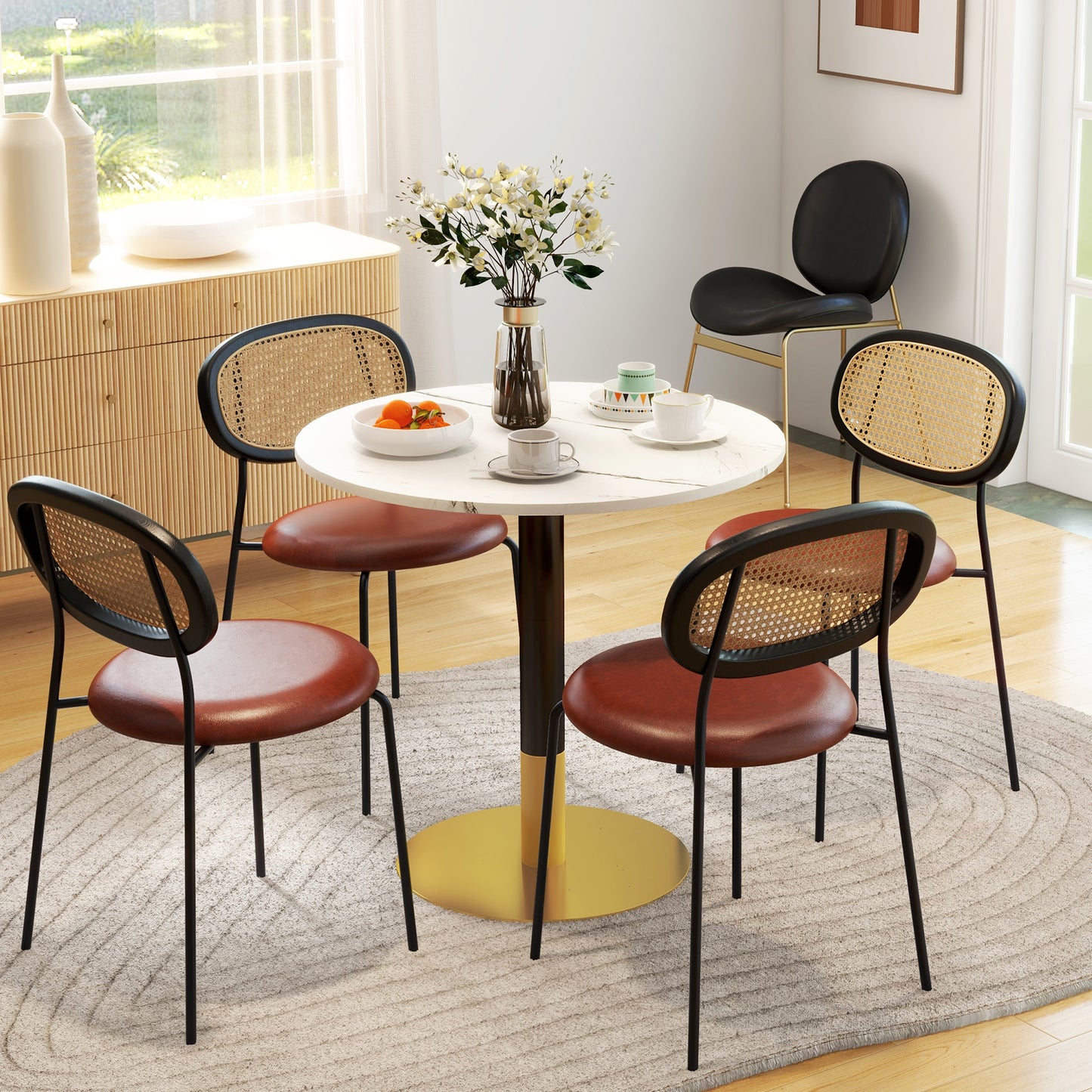 HOMCOM Round Dining Table, Modern Dining Room Table with Faux Marble Top, Steel Base, Space Saving Small Kitchen Table, Black