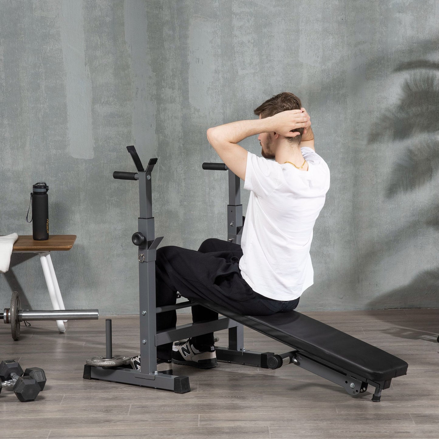 Soozier Adjustable Weight Bench, Foldable Bench Press with Barbell Rack and Dip Station for Home Gym, Strength Training Multiuse Workout Bench, Black and Grey