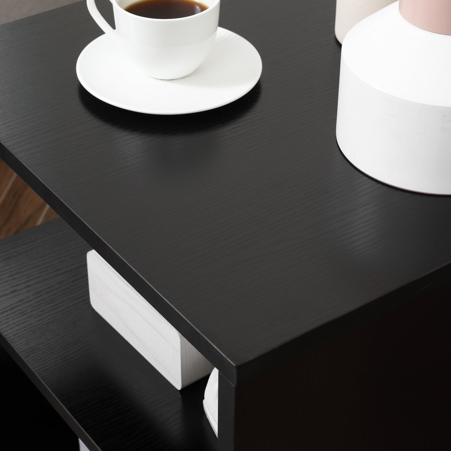 HOMCOM Wooden S Shape End Table 3 Tier Storage Shelves Organizer Living Room Side Table Desk Black