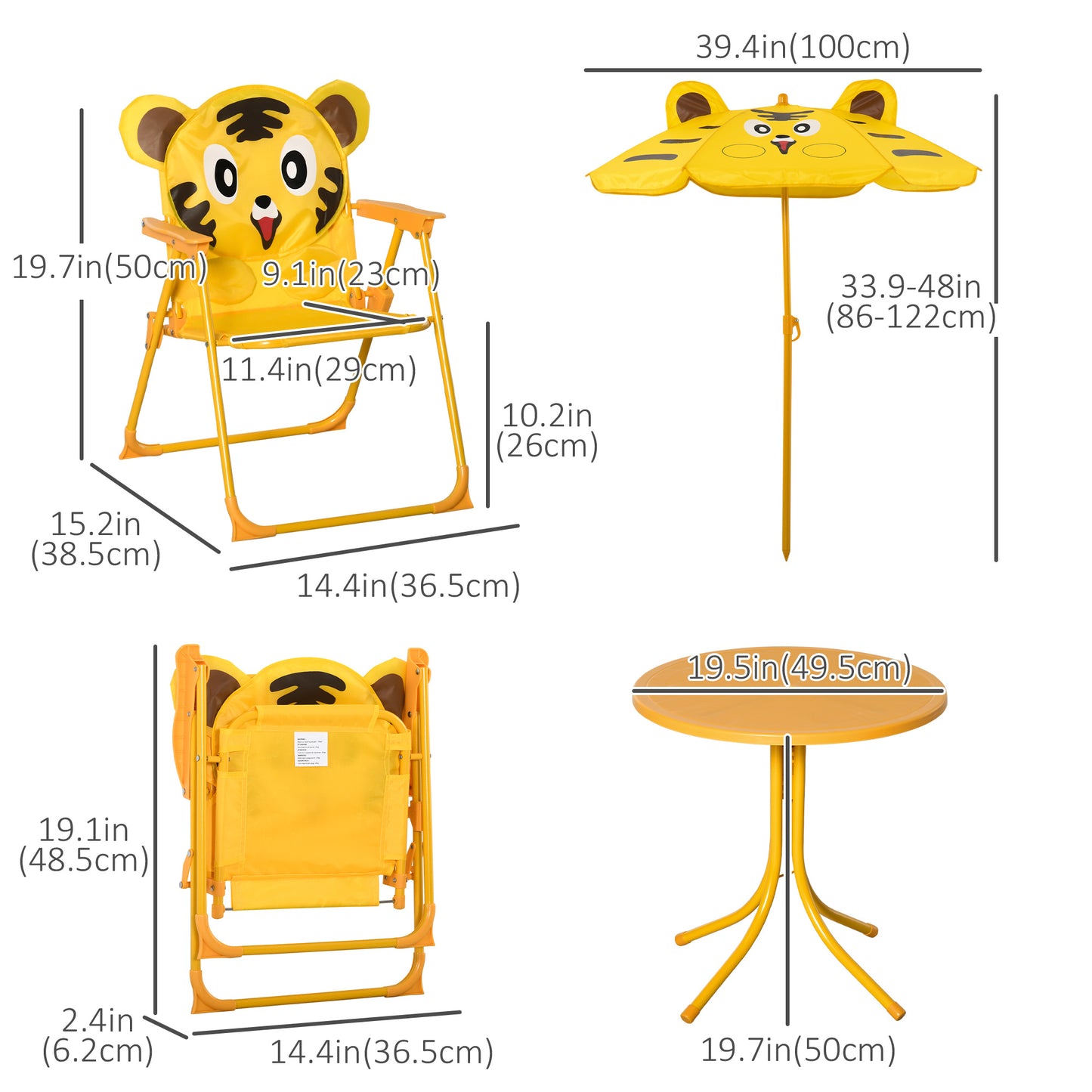 Outsunny Kids Folding Picnic Table and Chair Set Pattern Outdoor Garden Patio Backyard with Removable & Height Adjustable Sun Umbrella Brown