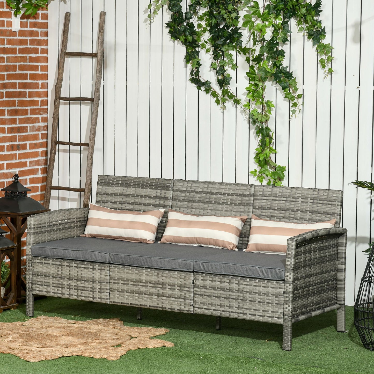 Outsunny 3-Seater Wicker Sofa, PE Rattan Outdoor Couch Conversation Furniture with Removable Cushions for Patio, Garden, Grey