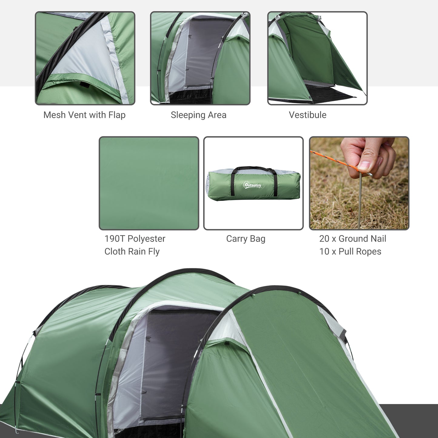 Outsunny Pop Up Camping Tent with Vestibule Waterproof Tent for 2-3 Person, Dark Green