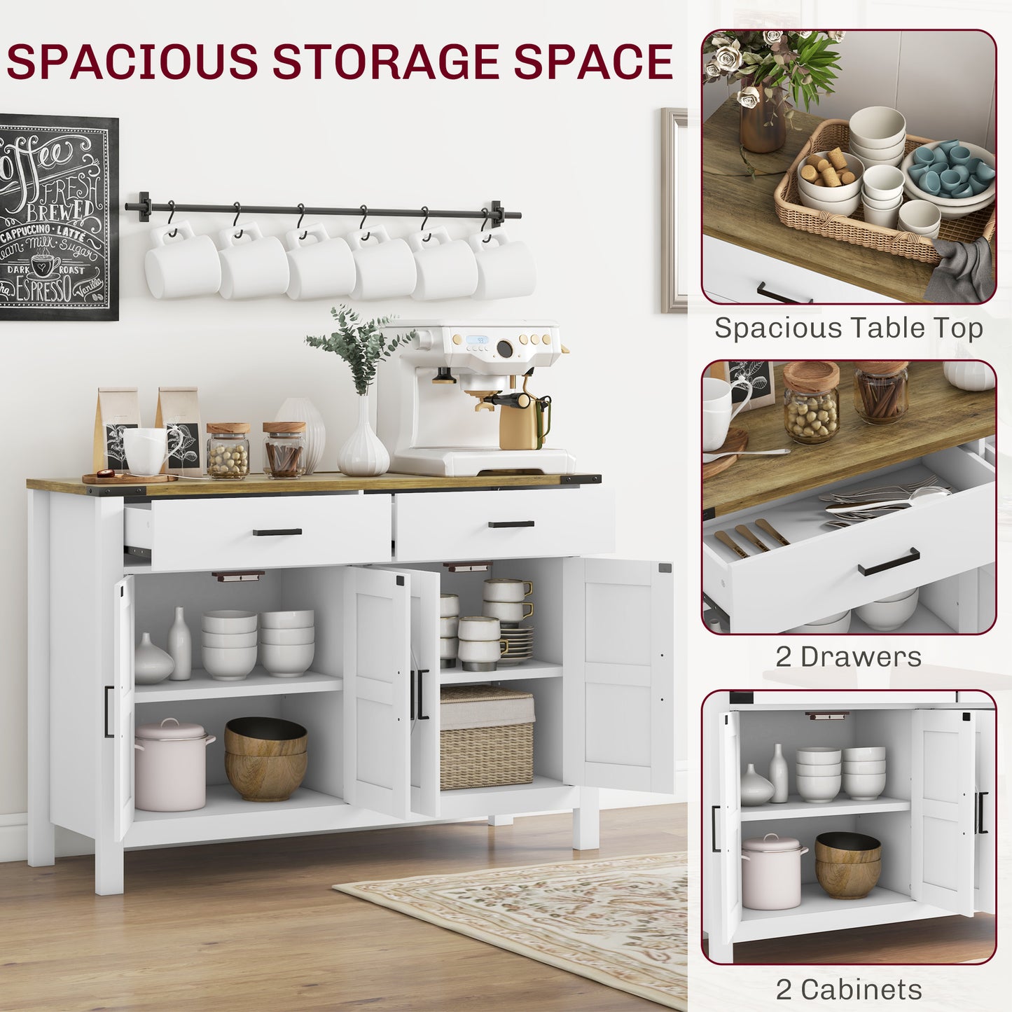 HOMCOM Farmhouse Buffet Cabinet Sideboard with 1 Drawer, 1 Storage Cabinet and Adjustable Shelf, White