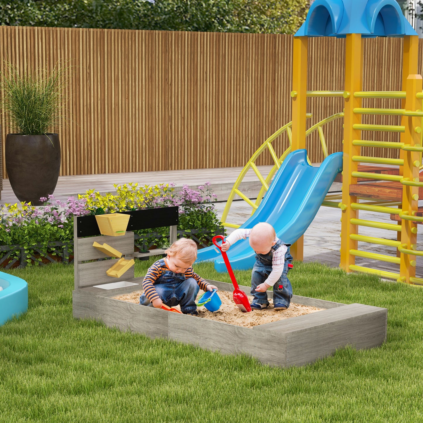 Outsunny Wooden Kids Sandbox with Liner, Kitchen Design for Garden, Backyard