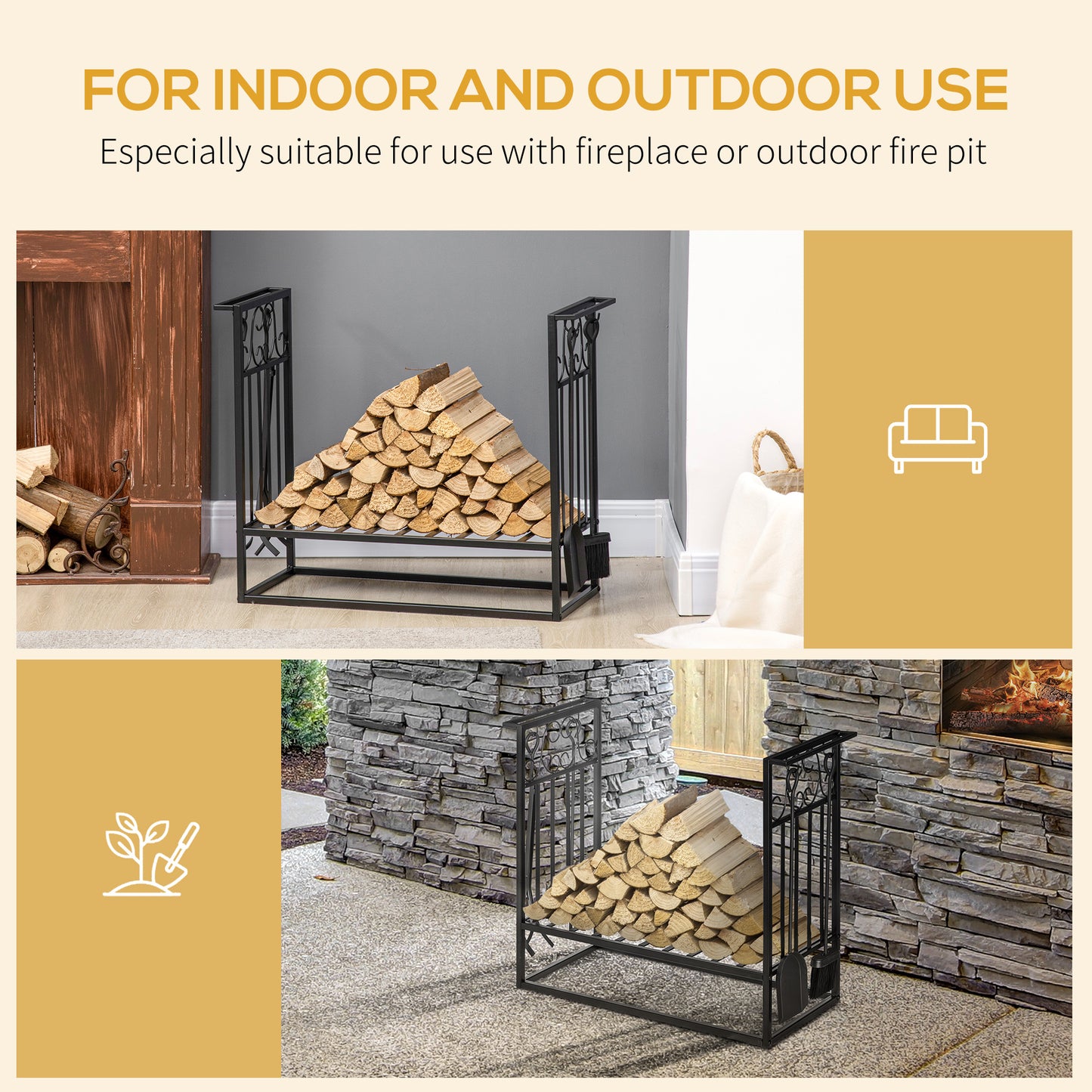 Outsunny 2-Tier Firewood Log Rack with 4 Tools 33" Fireplace Wood Holder Storage Log Rack with Shovel, Broom, Poker, Tongs and Hooks