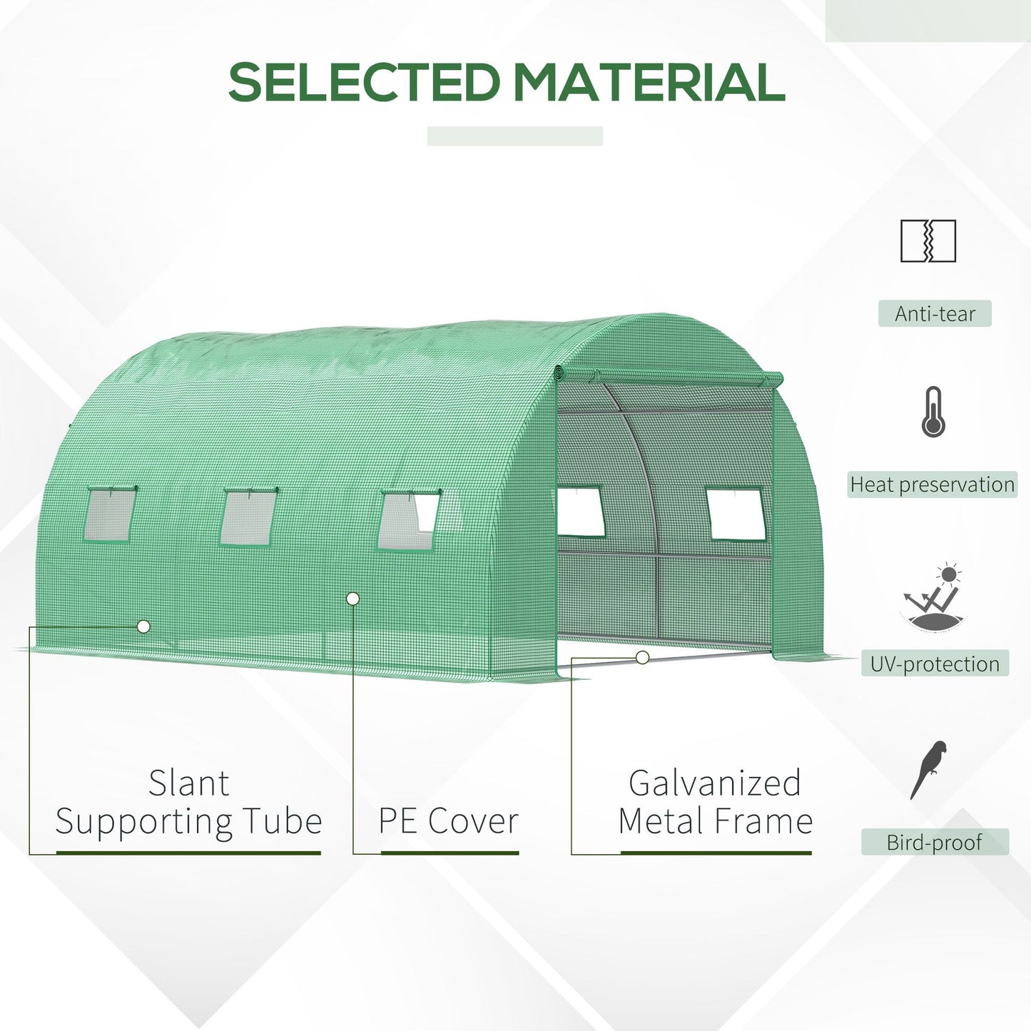 Outsunny 13' x 10' x 6.6' Walk-in Polytunnel Greenhouse, Outdoor Garden Tunnel Greenhouse Tent with Zipped Roll-Up Door and 6 Mesh Windows, Green