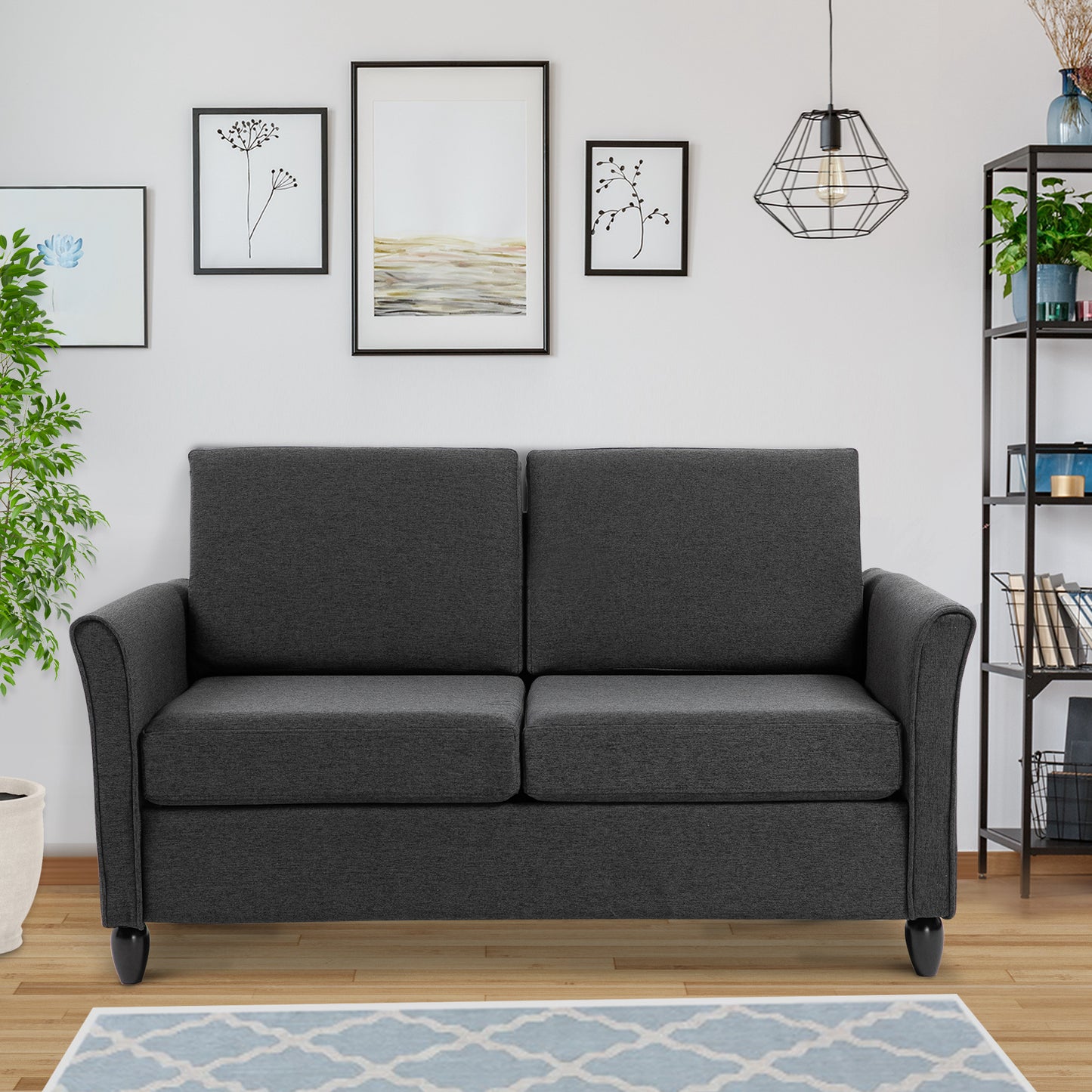 HOMCOM 2-Seat Sofa Two-Seater Couch with Armrests and Wood Legs for Living Room, Bedroom, Dark Grey