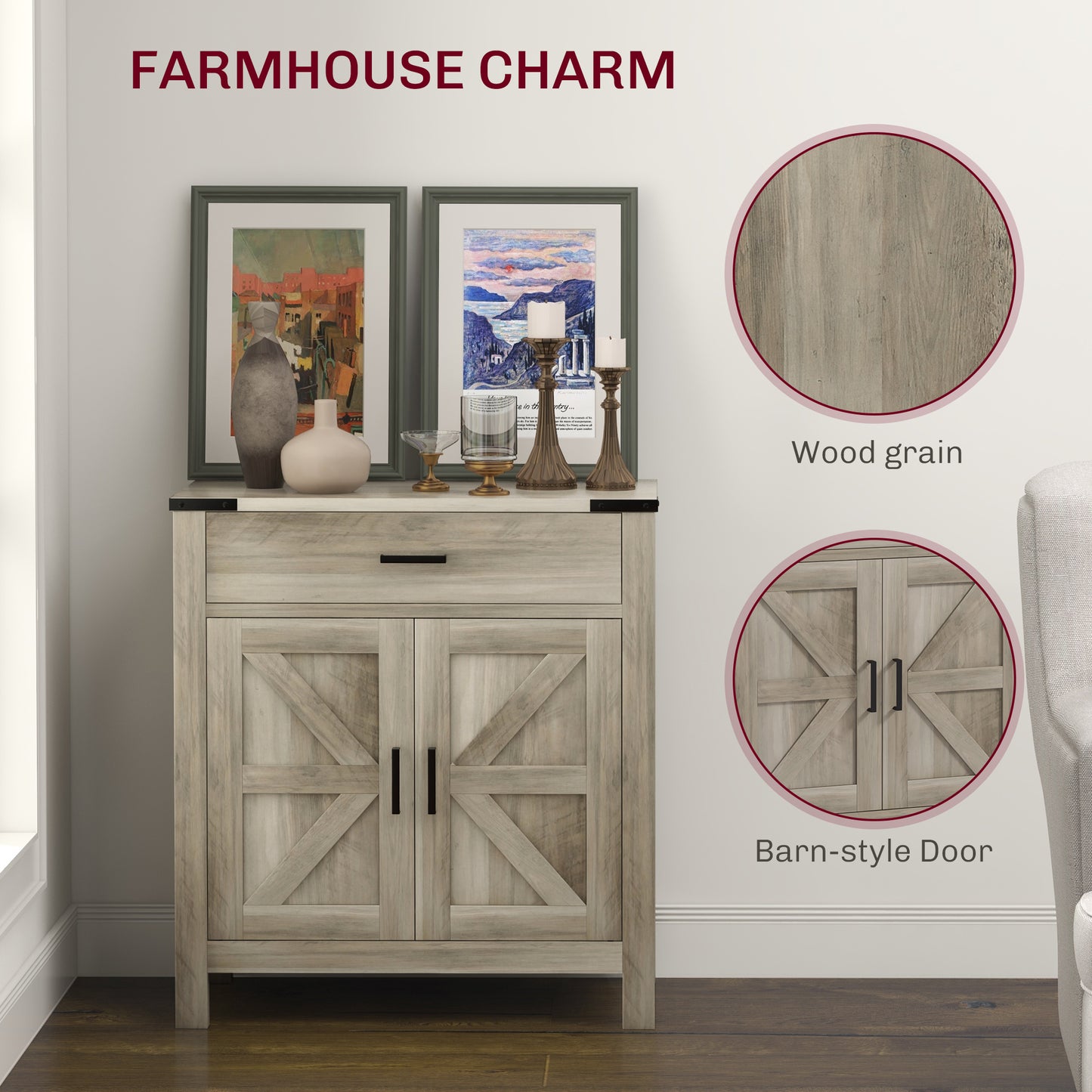HOMCOM Farmhouse Buffet Cabinet Sideboard with 1 Drawer, 1 Storage Cabinet and Adjustable Shelf, White