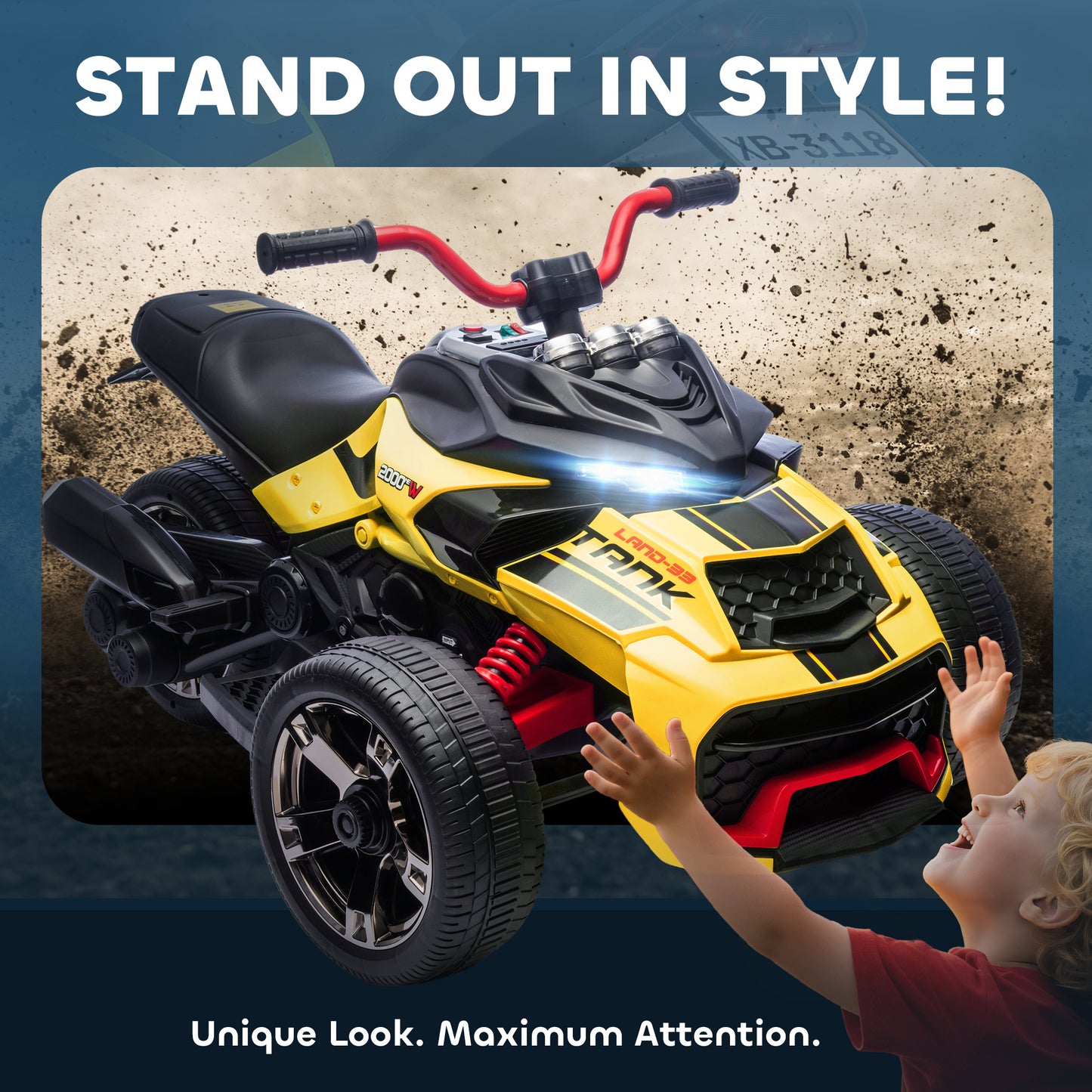 Qaba 12V Kids Ride On ATV with MP3 Player, Music, Horn, 2 Speeds, LED Lights, Gift for Boys & Girls Ages 3-8, Yellow