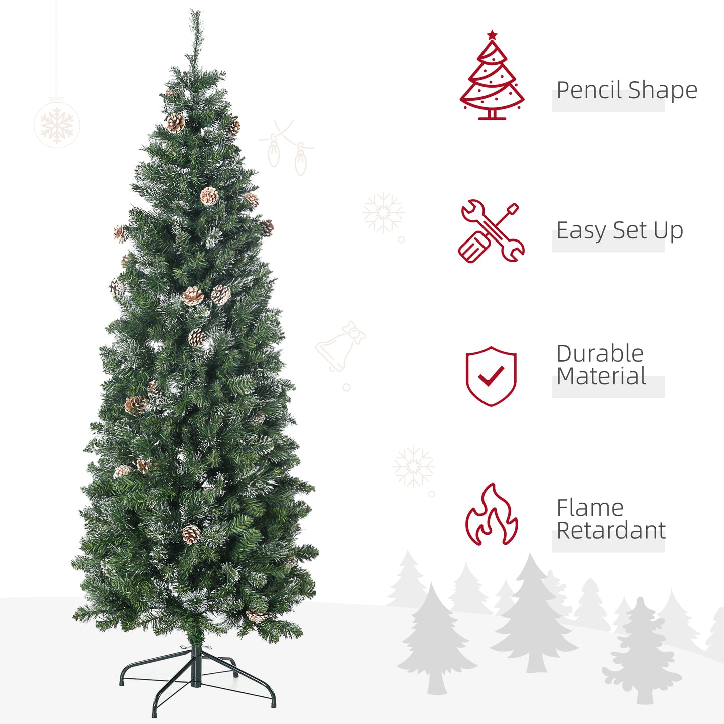 HOMCOM 6' Artificial Pencil Christmas Tree with Snow Frosted Branches, Auto Open, Steel Base