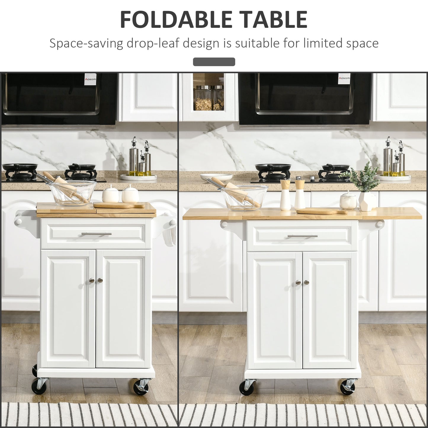 HOMCOM Kitchen Island Cart on Wheels with Extended Counter Drawer Cabinet Towel Racks