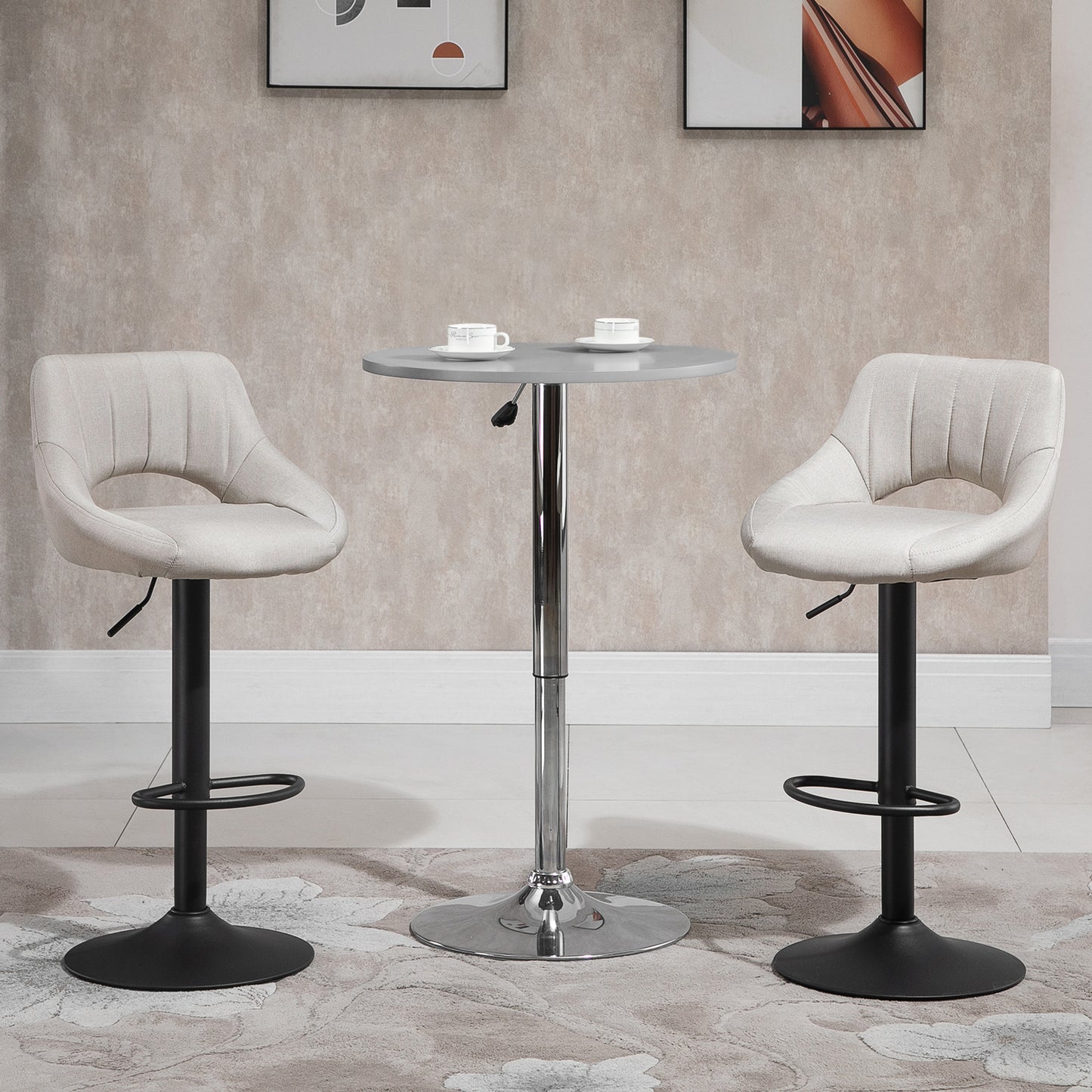 HOMCOM Bar Stools Set of 2, Swivel Counter Height Barstools with Adjustable Height, Linen Upholstered Bar Chairs with Round Metal Base and Footrest, Blue
