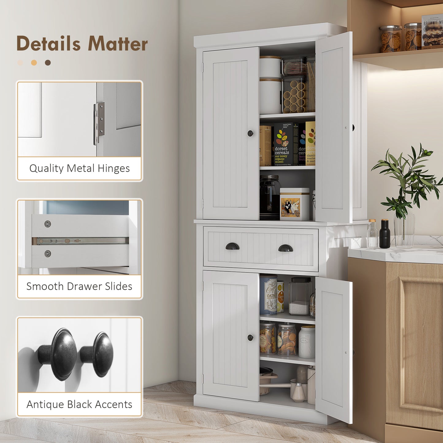 HOMCOM 72" Kitchen Pantry, Freestanding Storage Cabinet with Drawer, Doors, White