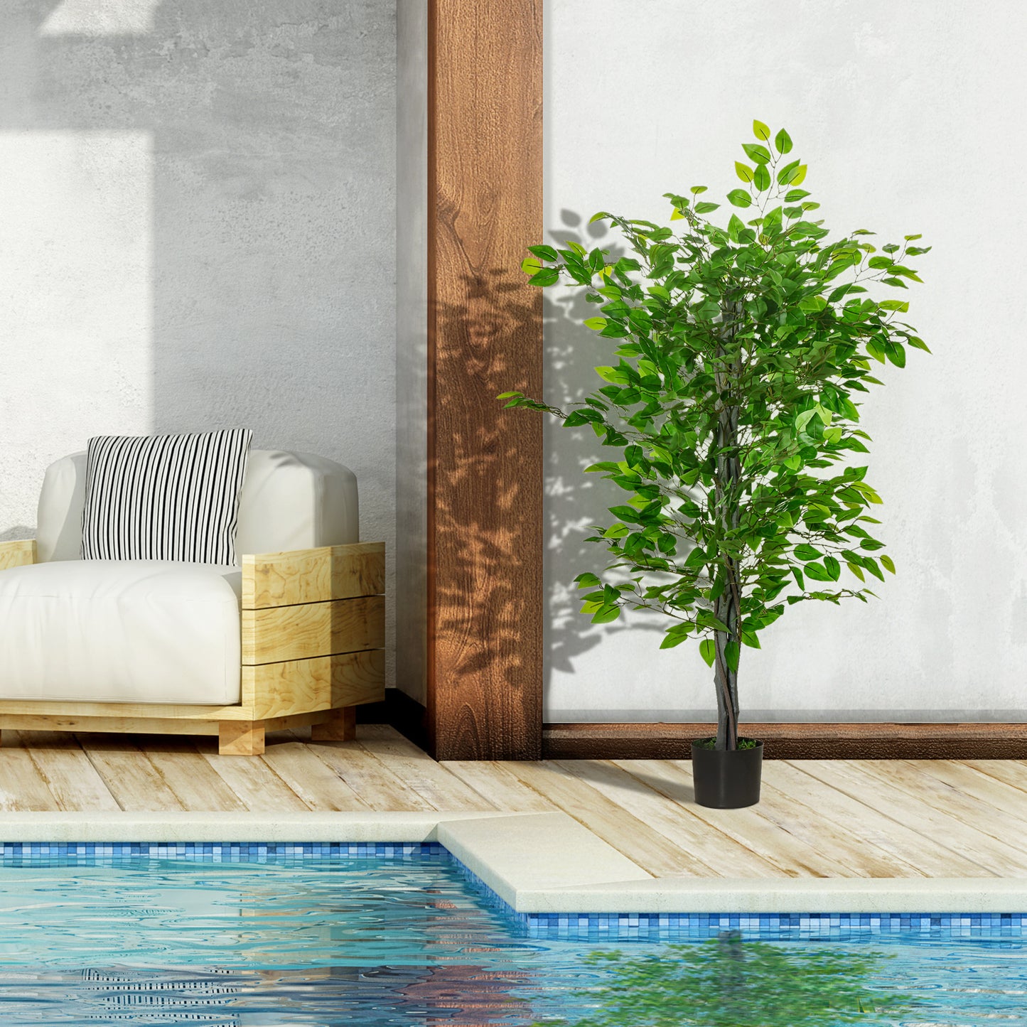 HOMCOM 4.5ft Ficus Artificial Plant with Realistic Leaves, Potted Fake Tree for Home Office Indoor Decor, Green