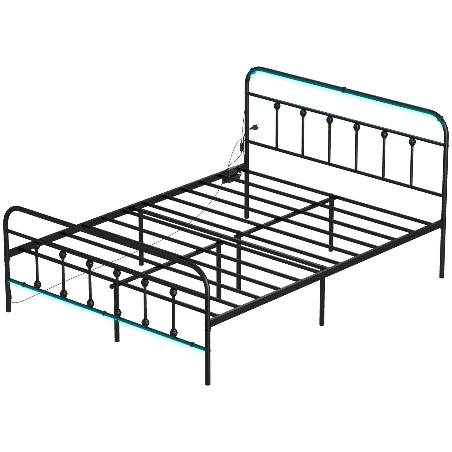 HOMCOM Full Bed Frame with LED Lights and Charging Station, Metal Platform Bed Frame with Under Bed Storage, Black