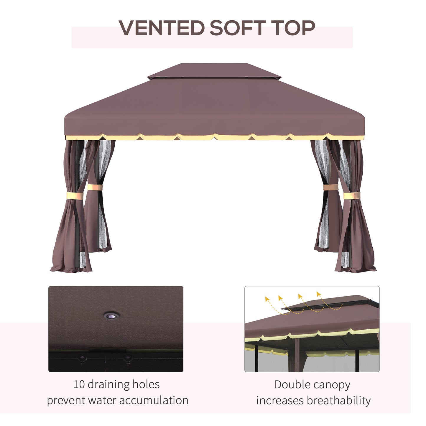 Outsunny 10 x 13ft Aluminum Frame Gazebo Canopy Double Tier Garden Shelter with Netting and Curtains, Coffee