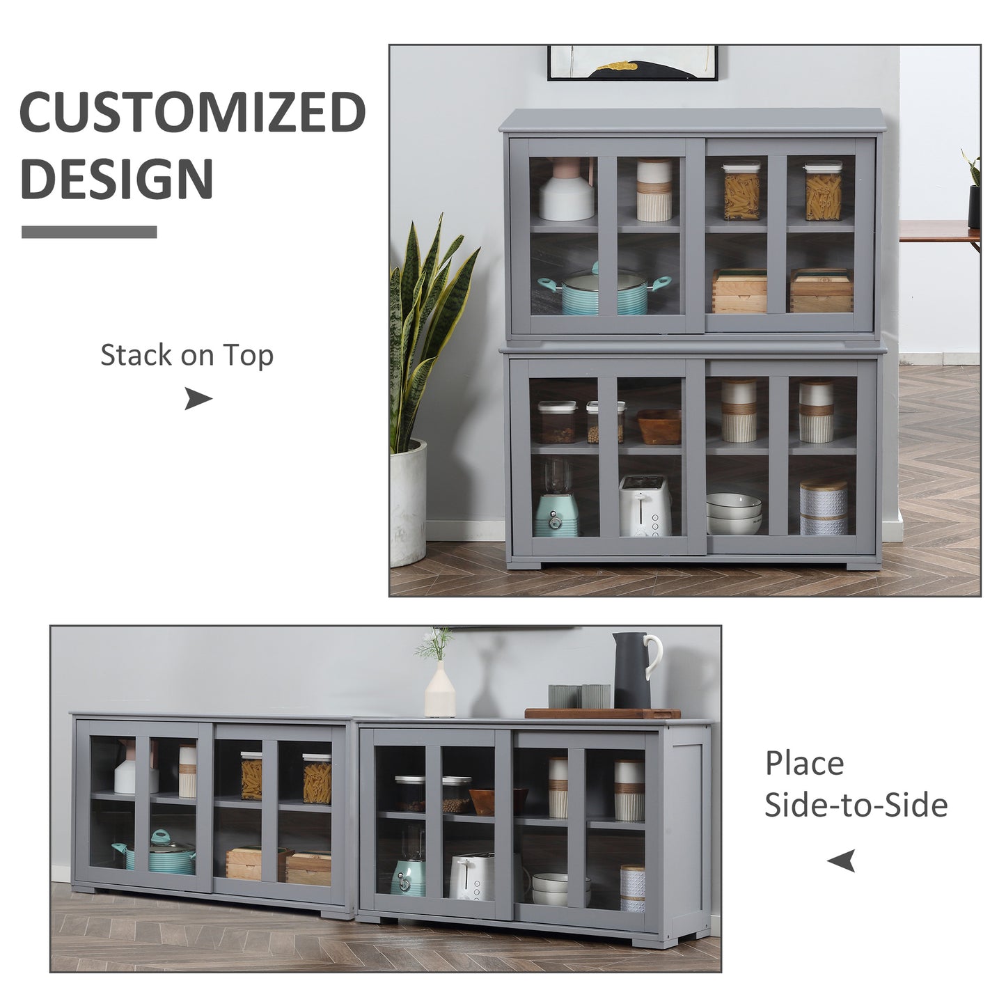HOMCOM Kitchen Sideboard, Stackable Storage Cabinet, Sliding Glass Door Console, Serving Buffet for Kitchen & Dining Room