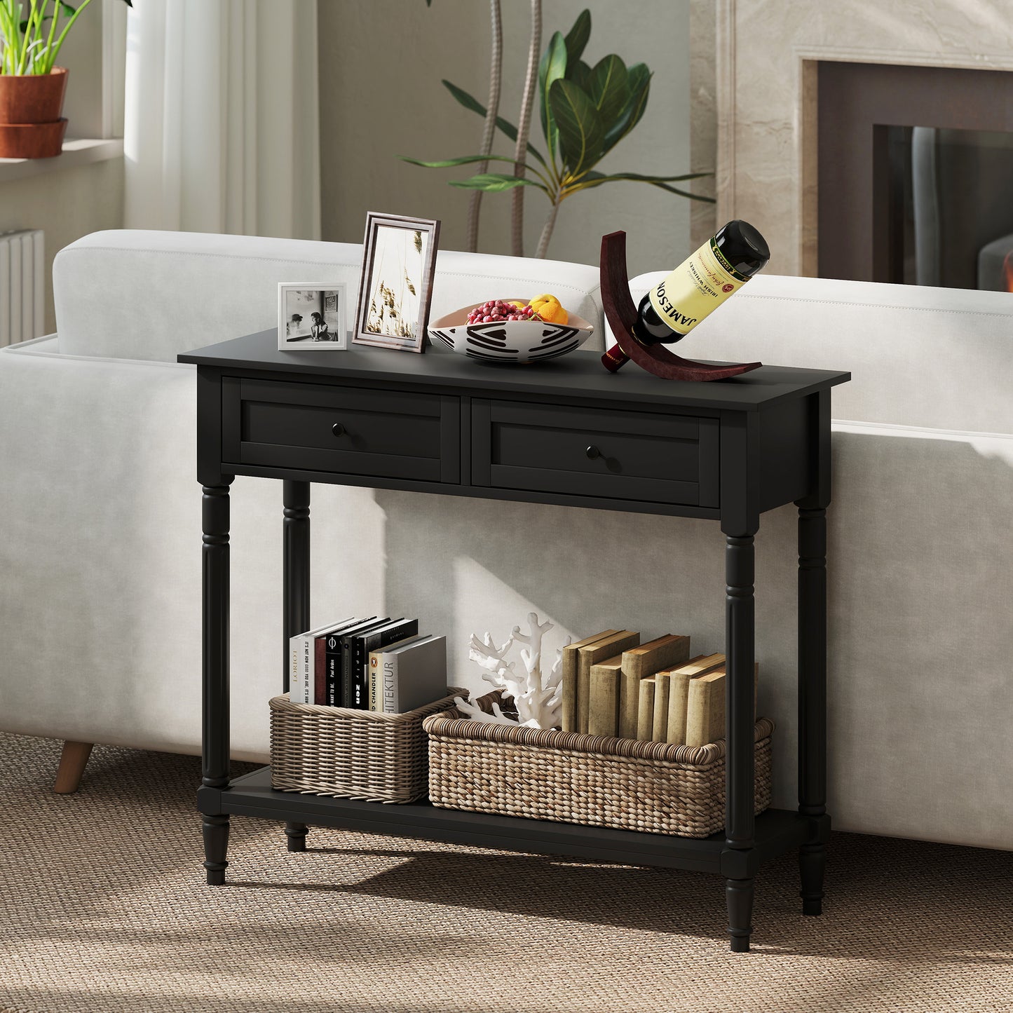 HOMCOM Hallway Console Table, Modern Entryway Table with 2 Drawers, Storage Shelf, Turned Legs for Living Room, Bedroom, Black