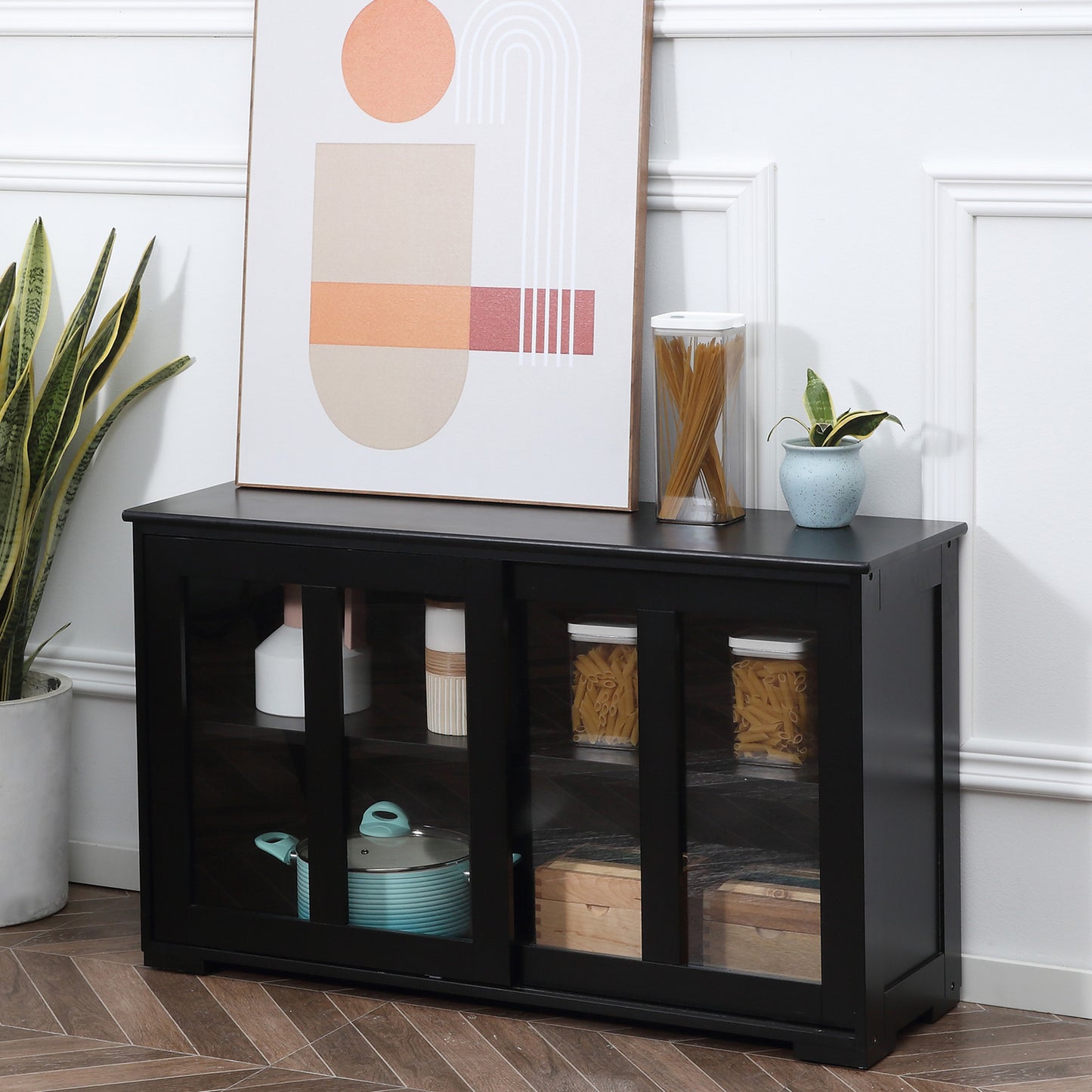 HOMCOM Kitchen Sideboard, Stackable Storage Cabinet, Sliding Glass Door Console, Serving Buffet for Kitchen & Dining Room