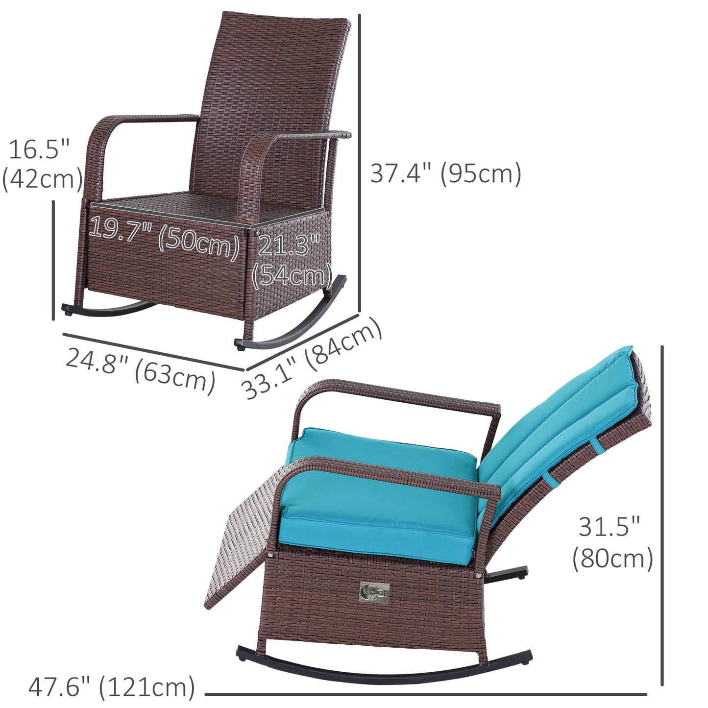 Outsunny Outdoor Wicker Rocking Chair with Cushion, Patio PE Rattan Recliner Chair with Adjustable Footrest, Armrests, Dark Blue