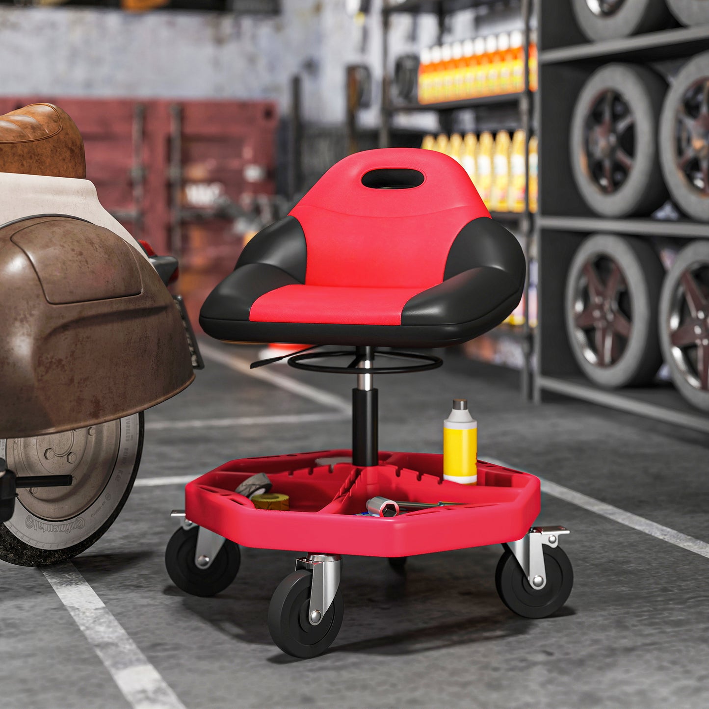 HOMCOM Rolling Garage Stool, 300 LBS Capacity Mechanic Stool with 5" Wheels, Tool Tray Storage, Adjustable Height, Red