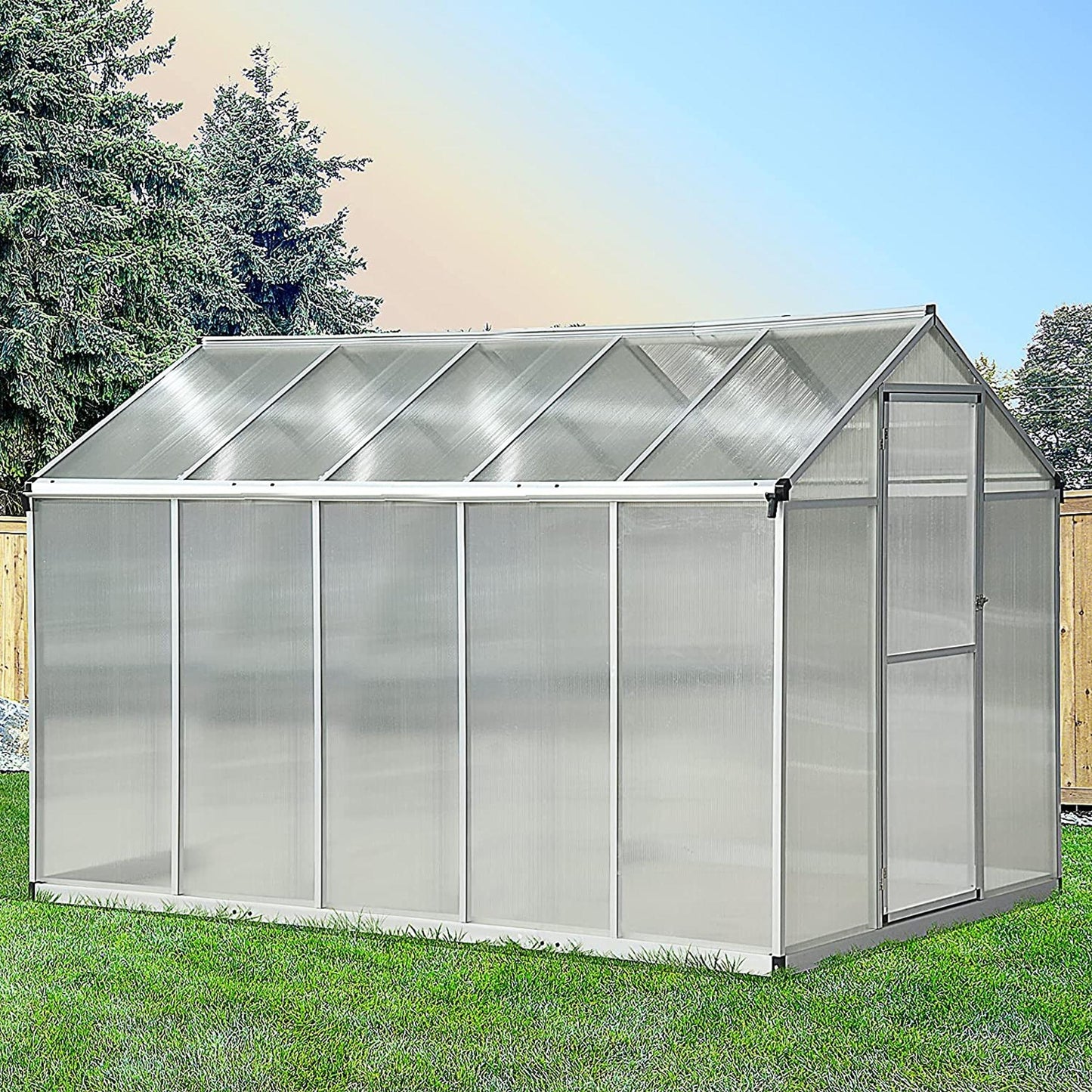 Outsunny 6' x 10' x 6.4' Walk-in Garden Greenhouse Polycarbonate Panels Plants Flower Growth Shed Cold Frame Outdoor Portable Warm House Aluminum Frame, Silver