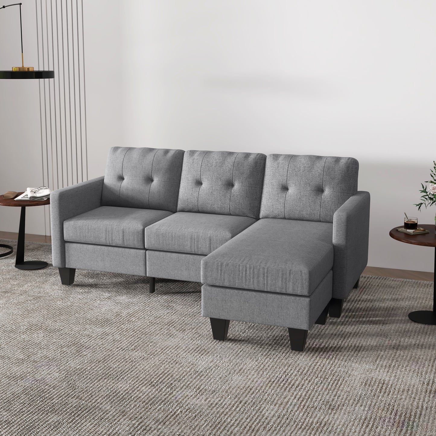 HOMCOM L-shaped Sofa, 3 Seater Couch with Ottoman, Corner Sofa with Thick Padded Cushion and Wood Legs, Dark Grey