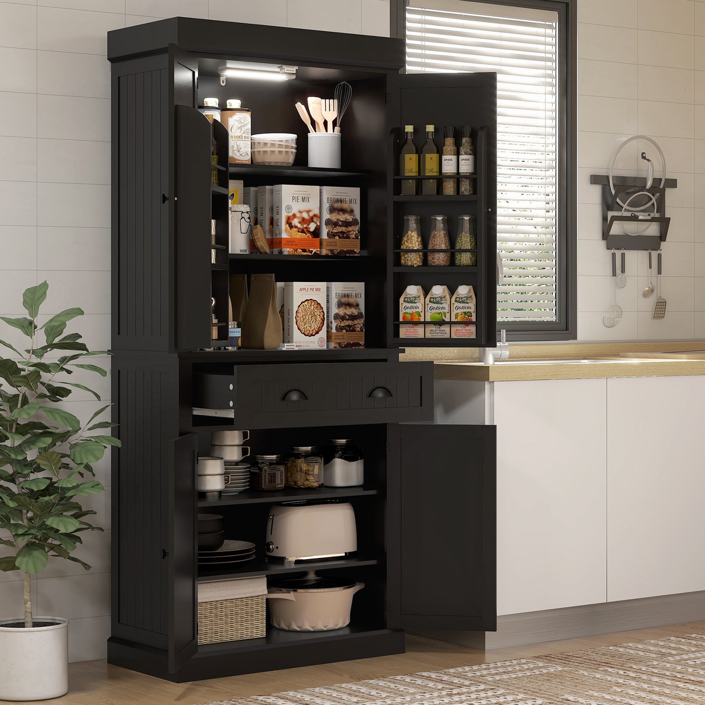 HOMCOM 71" Kitchen Pantry Cabinet with LED Lights, 6 Spice Racks, a Drawer and 4 Adjustable Shelves, White
