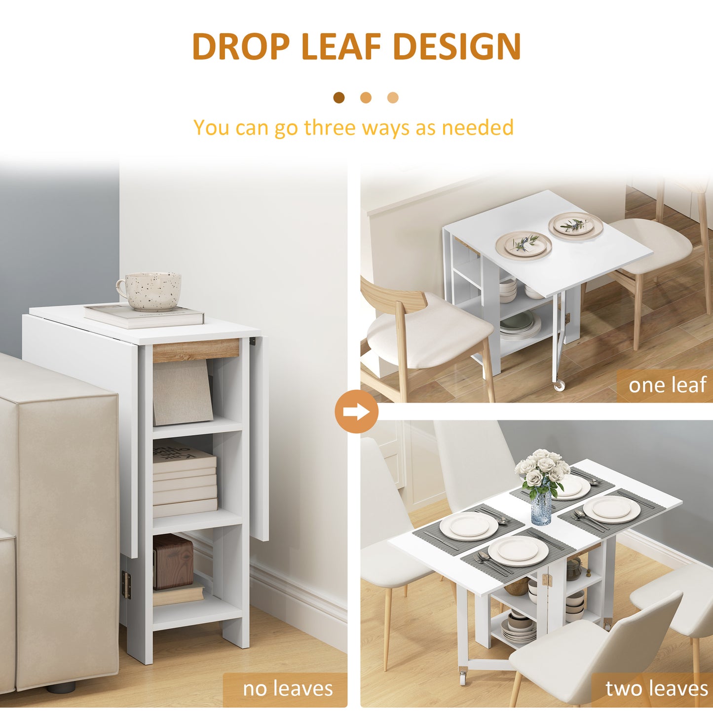 HOMCOM Folding Dining Table with Storage, Drop Leaf Kitchen Table for Small Spaces, White