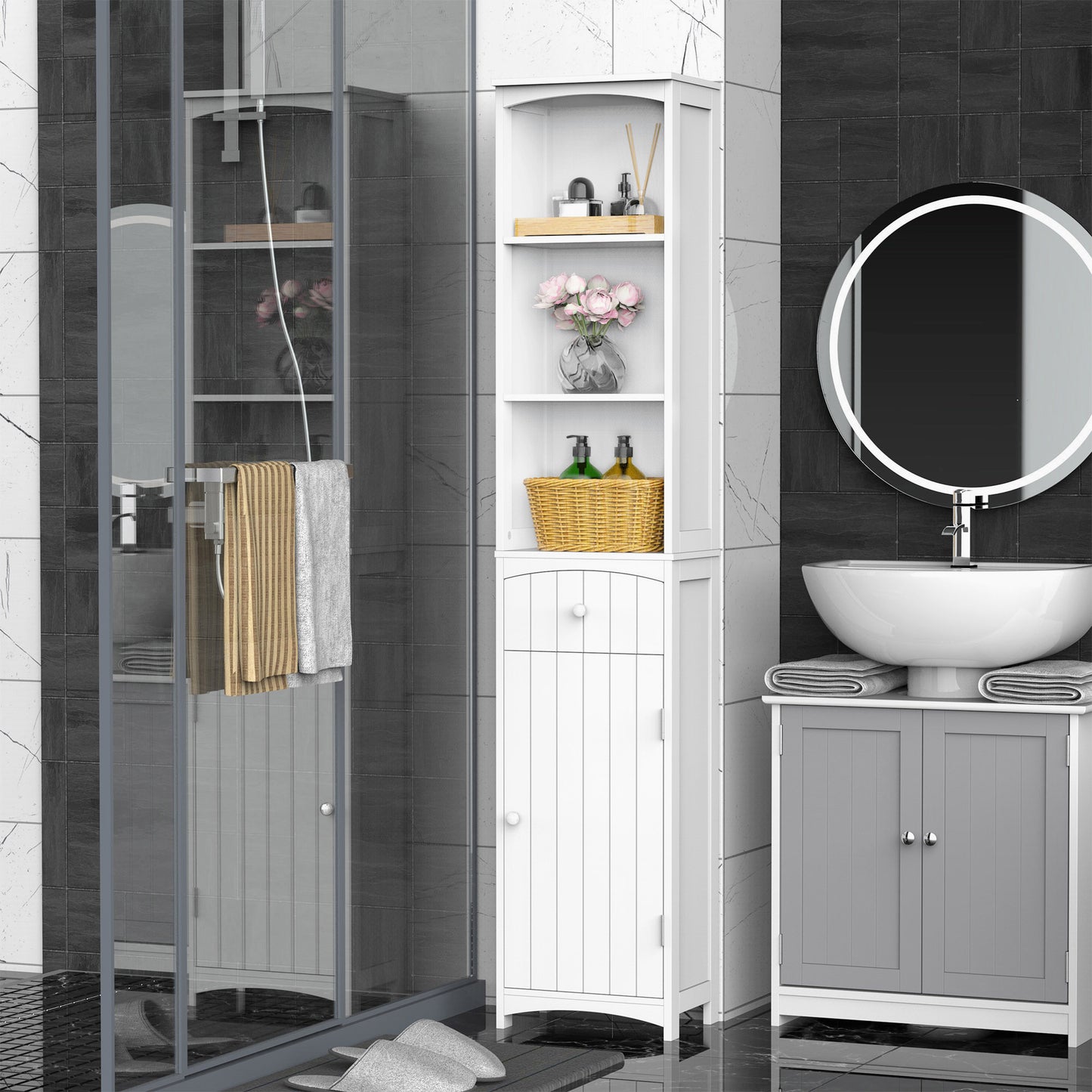 HOMCOM Tall Wooden Bathroom Cabinet Storage Organizer Kitchen Bedroom Decorative