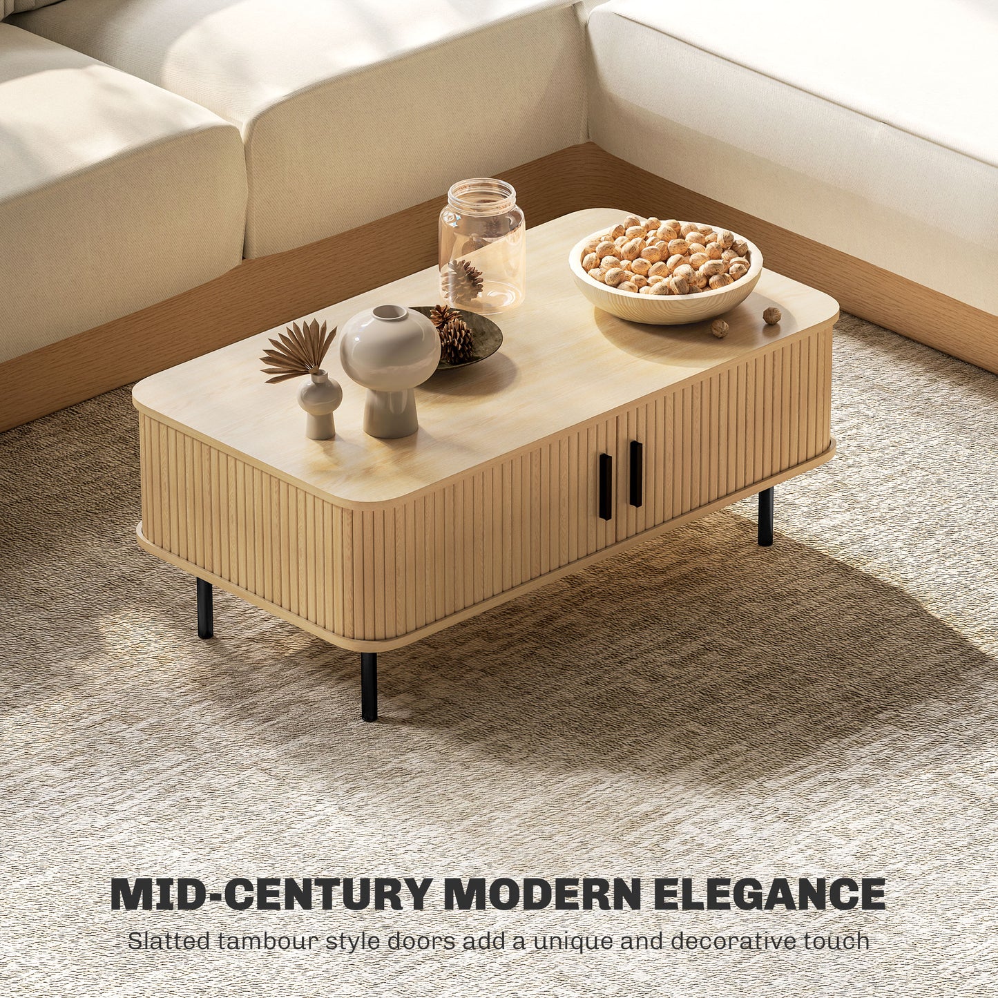 HOMCOM Coffee Table with Storage, Nordic Side Table with Slatted Tambour Sliding Doors and Steel Legs for Living Room, Oak