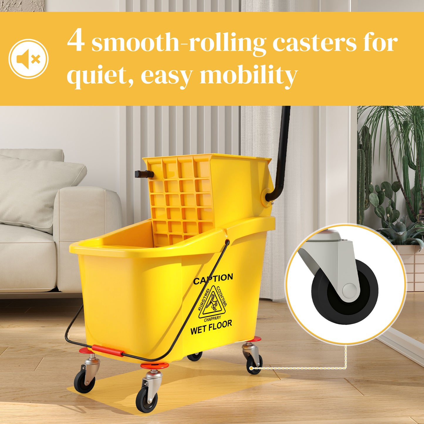 HOMCOM Mop Bucket with Wringer on Wheels for Floor Cleaning, 38 Quart Down Press Wringer with Handle, Yellow
