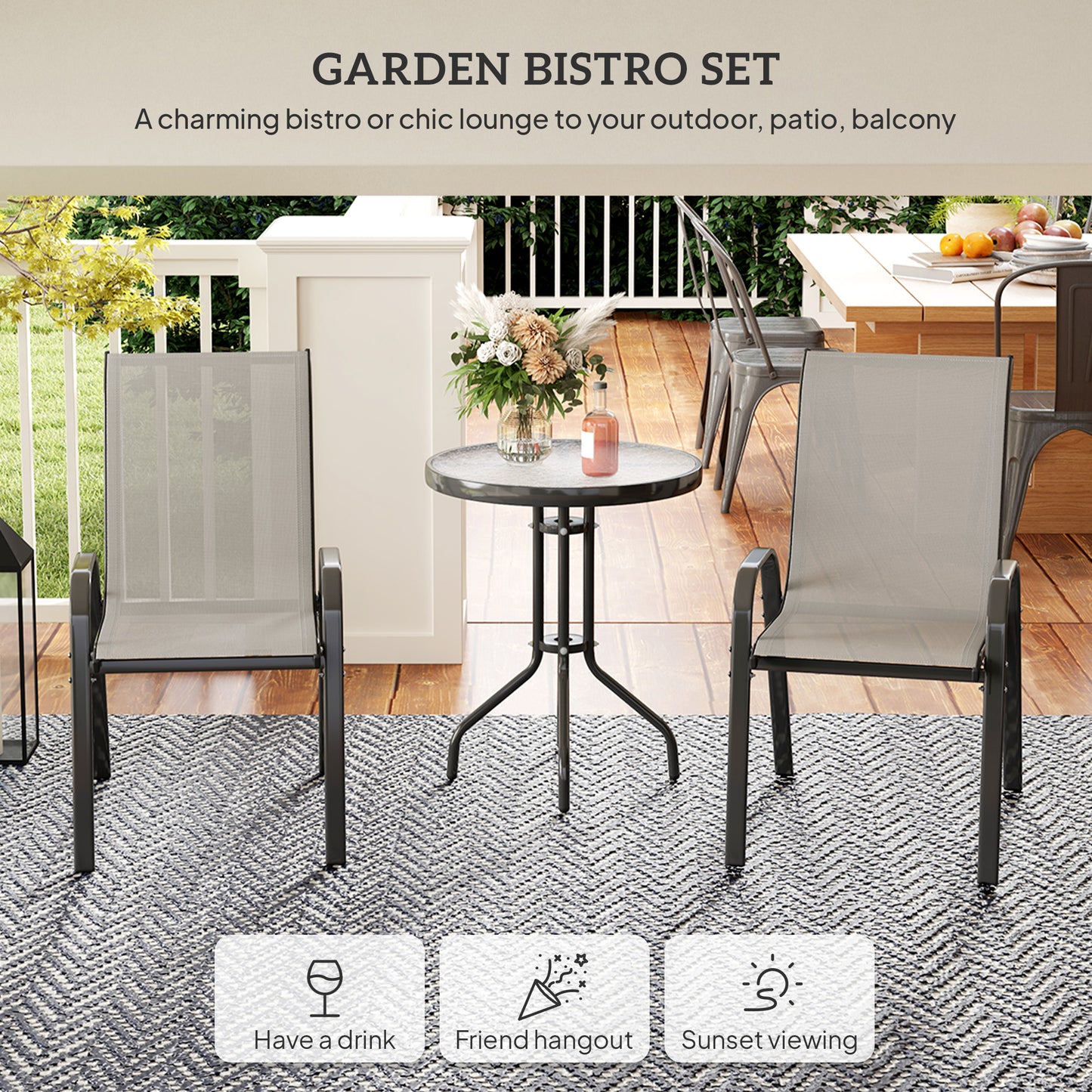 Outsunny 3 Pieces Bistro Set, Small Patio Furniture Set with Stackable Mesh Chairs, Glass Table for Garden, Balcony, Black