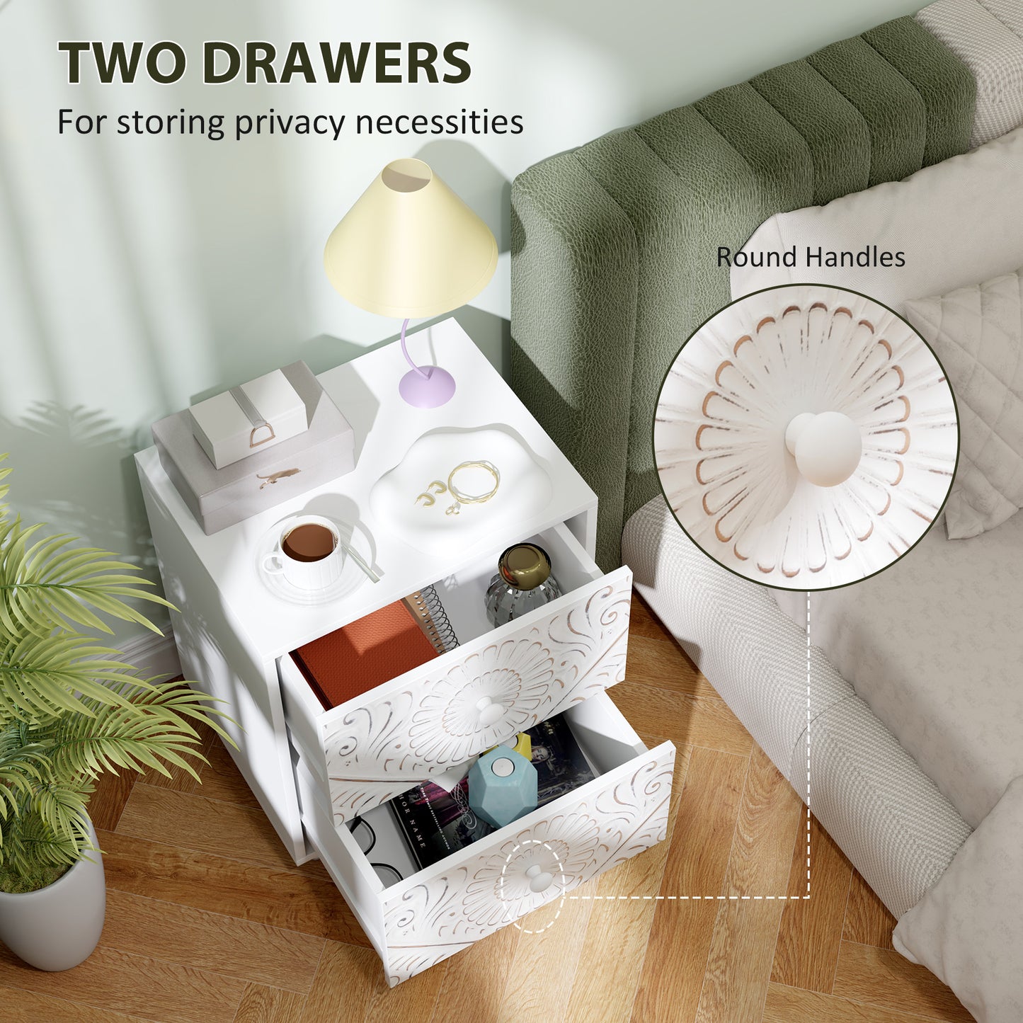 HOMCOM Mid-Century Bedside Table, Nightstand with 2 Drawers, Side End Table for Bedroom, White