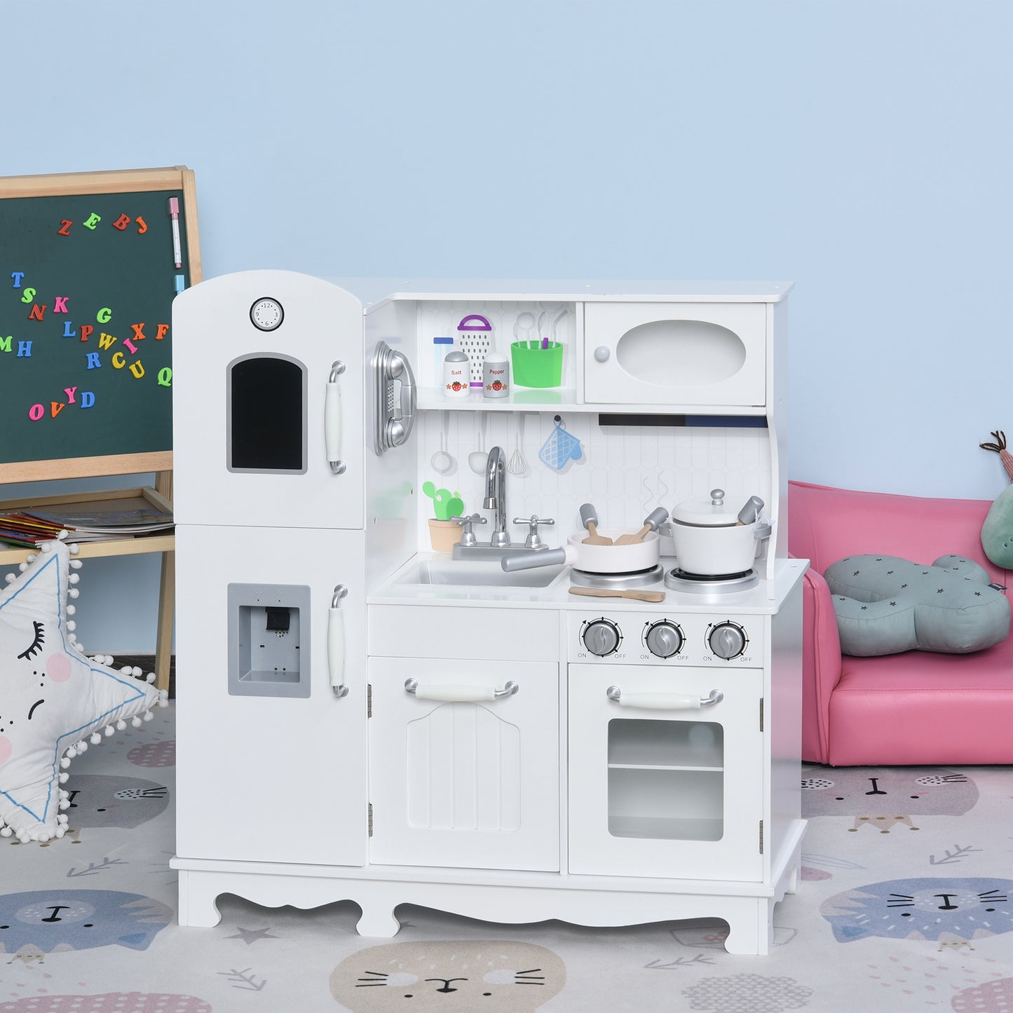 Qaba Large Kids Kitchen Playset With Telephone, Water Dispenser Simulation Cooking Set