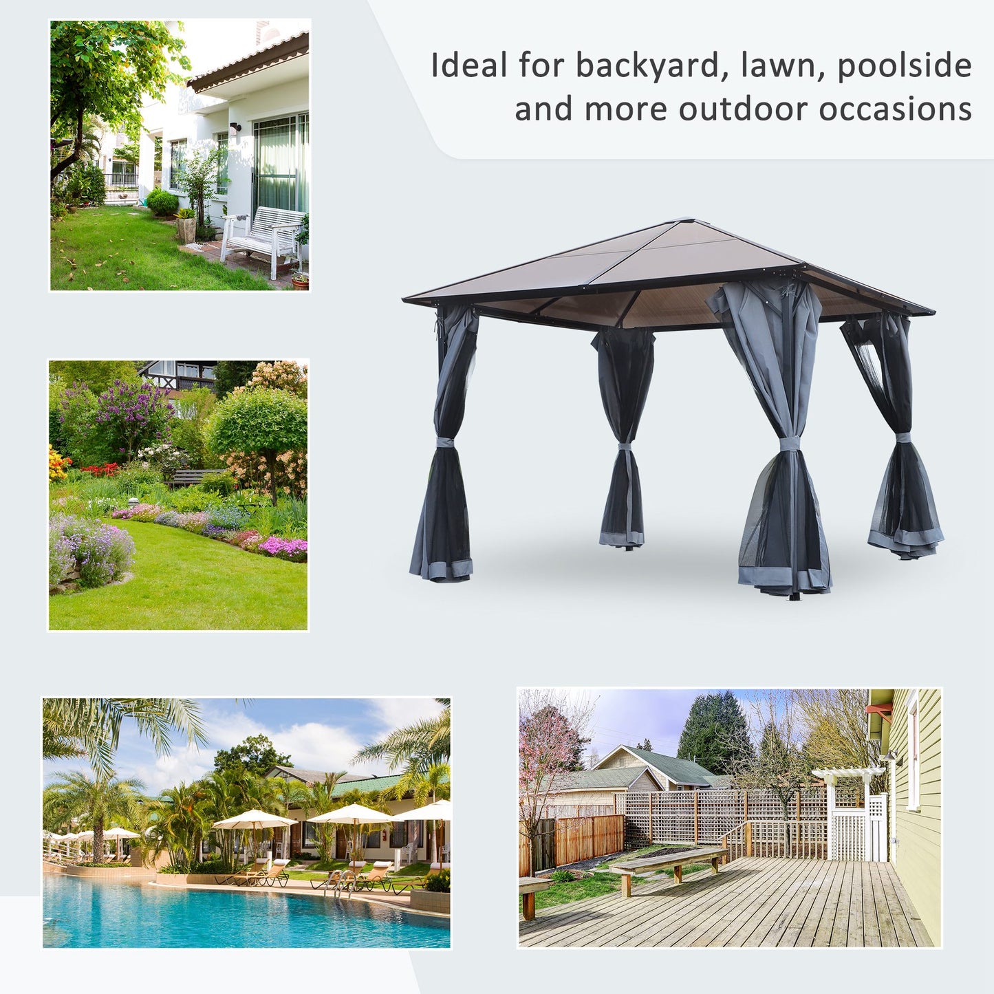 Outsunny 9.8' x 9.8' Garden Aluminium Gazebo Hardtop Roof Canopy Marquee Party Tent Patio Outdoor Shelter with Mesh Curtains & Side Walls, Grey
