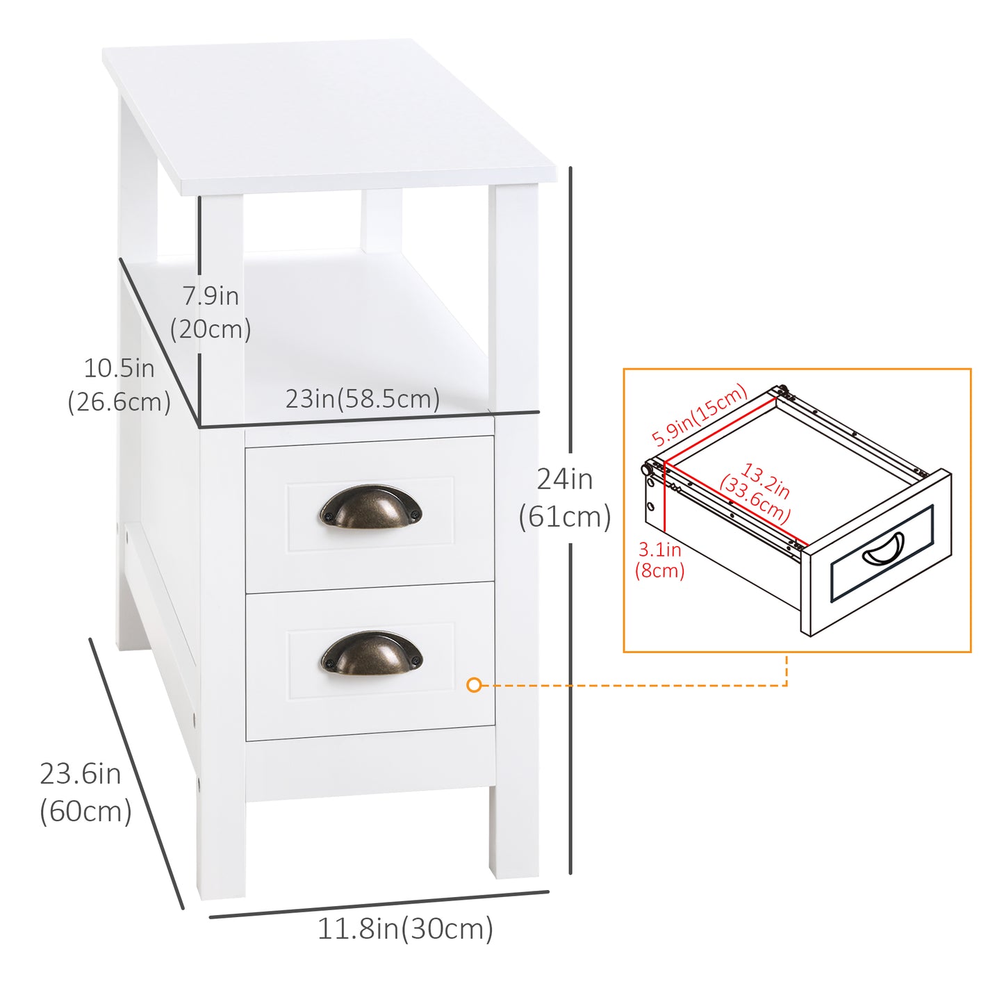 HOMCOM Slim End Table with 2 Drawers and Storage Shelf, Sofa Side Table for Living Room, Narrow Nightstand, White