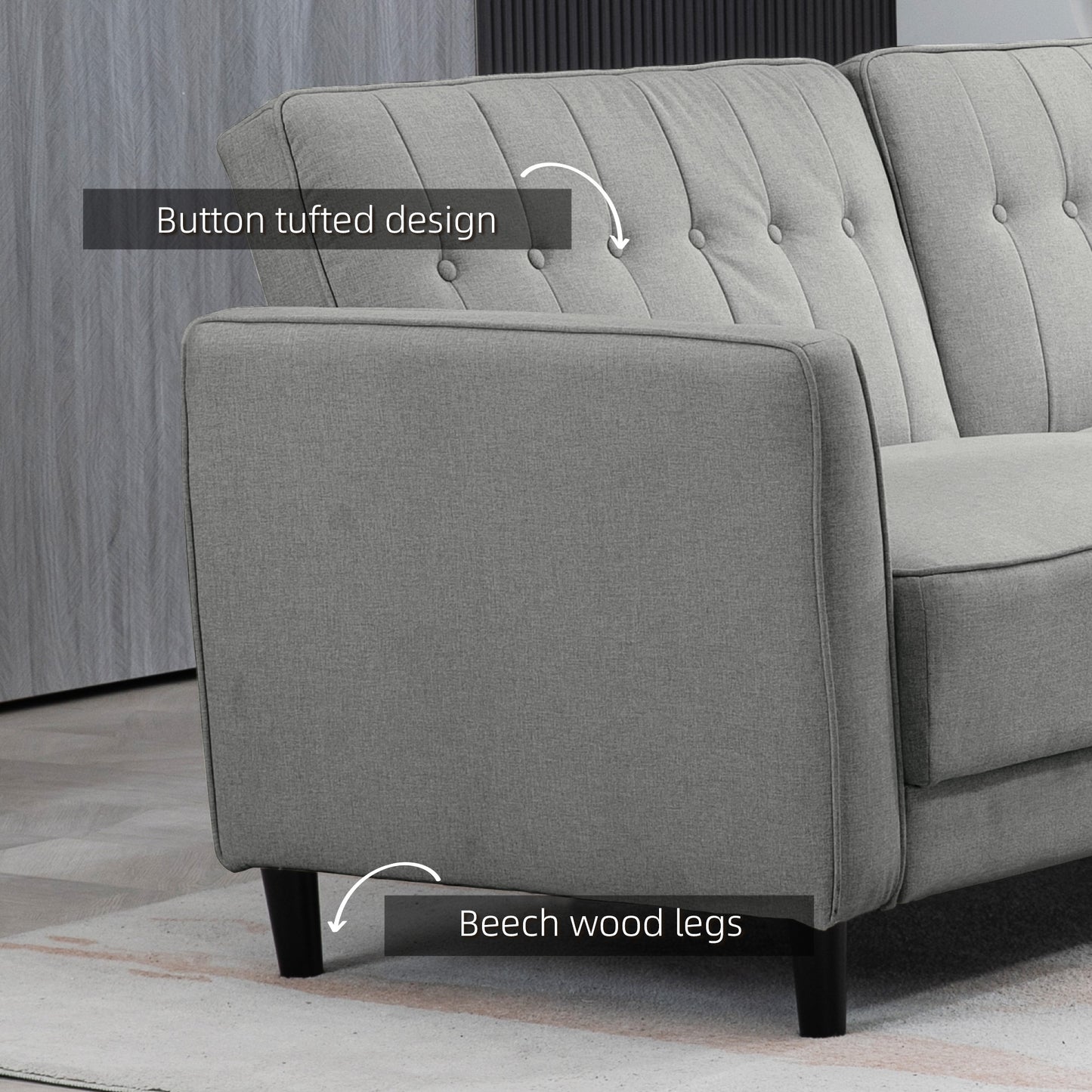 HOMCOM Convertible Bed with Couch, Button Tufted Fabric Sofa Bed with Adjustable Back for Living Room, Charcoal Grey
