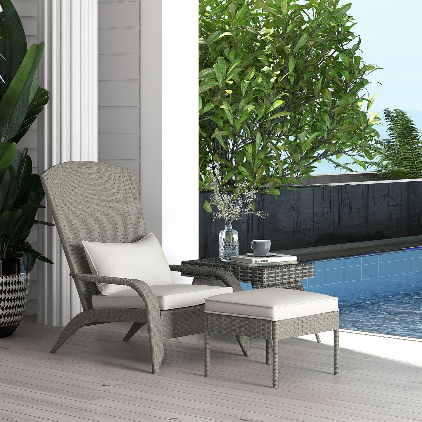 Outsunny Wicker Adirondack Chair with Ottoman, Patio Cushioned Muskoka Chair, Outdoor Fire Pit Chair with High-back and Armrests, for Deck, Garden, Backyard, Grey/Cream White