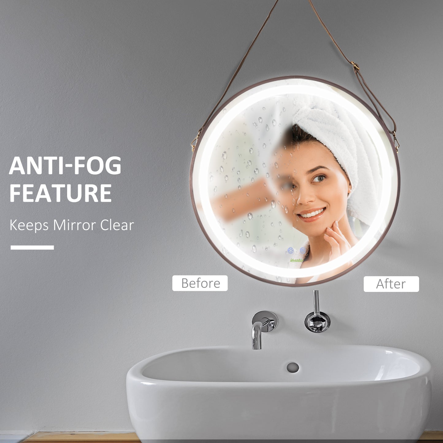 kleankin 24'' Round Led Bathroom Mirror, Dimmable Anti Fog Wall-Mounted Mirror with 3 Temperature Colors, Plug-in, Rose Gold
