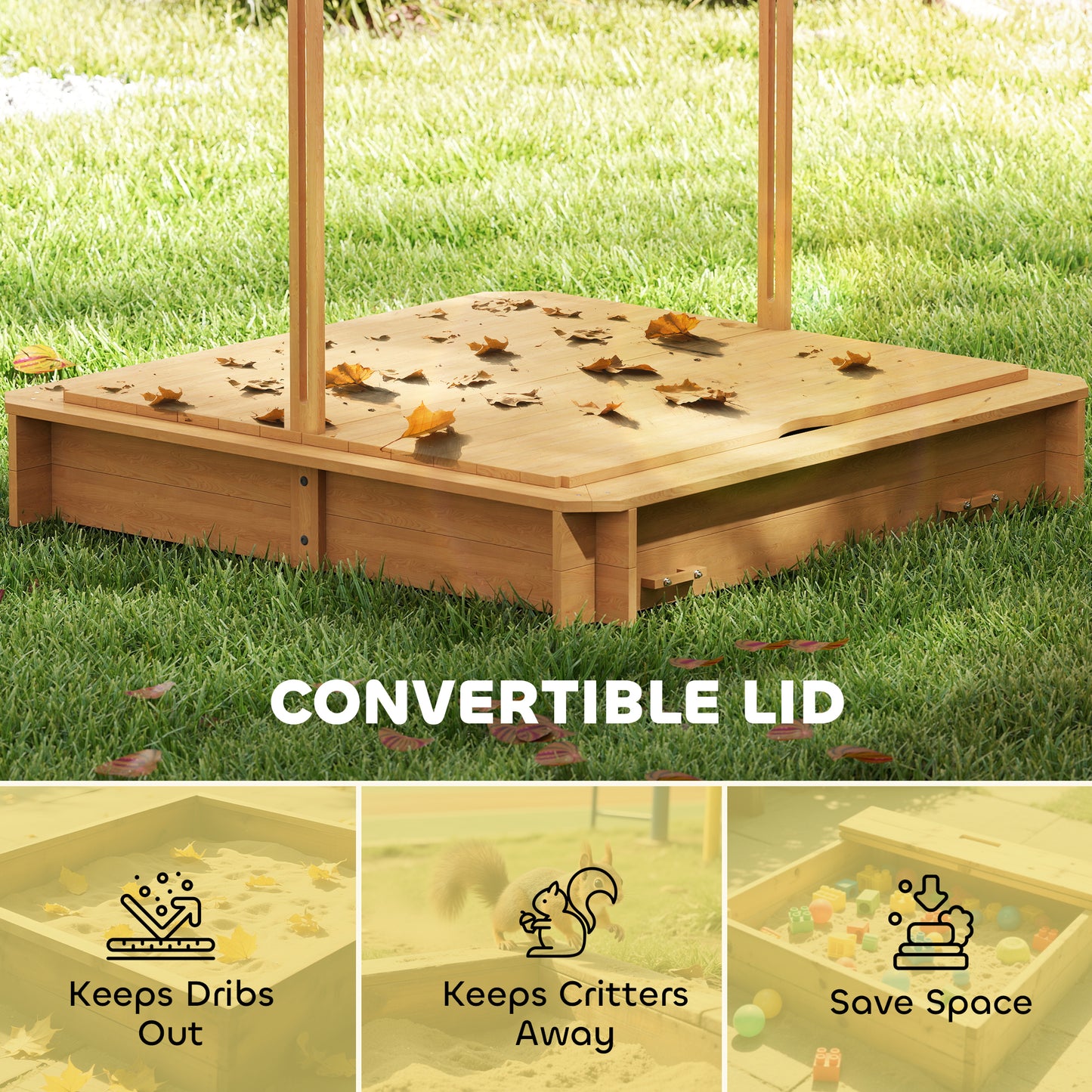 Outsunny Kids Wooden Sandbox Outdoor Backyard Playset Children Play Station w/ Adjustable Canopy & Convertible Bench Sand for 3-7 Years Old
