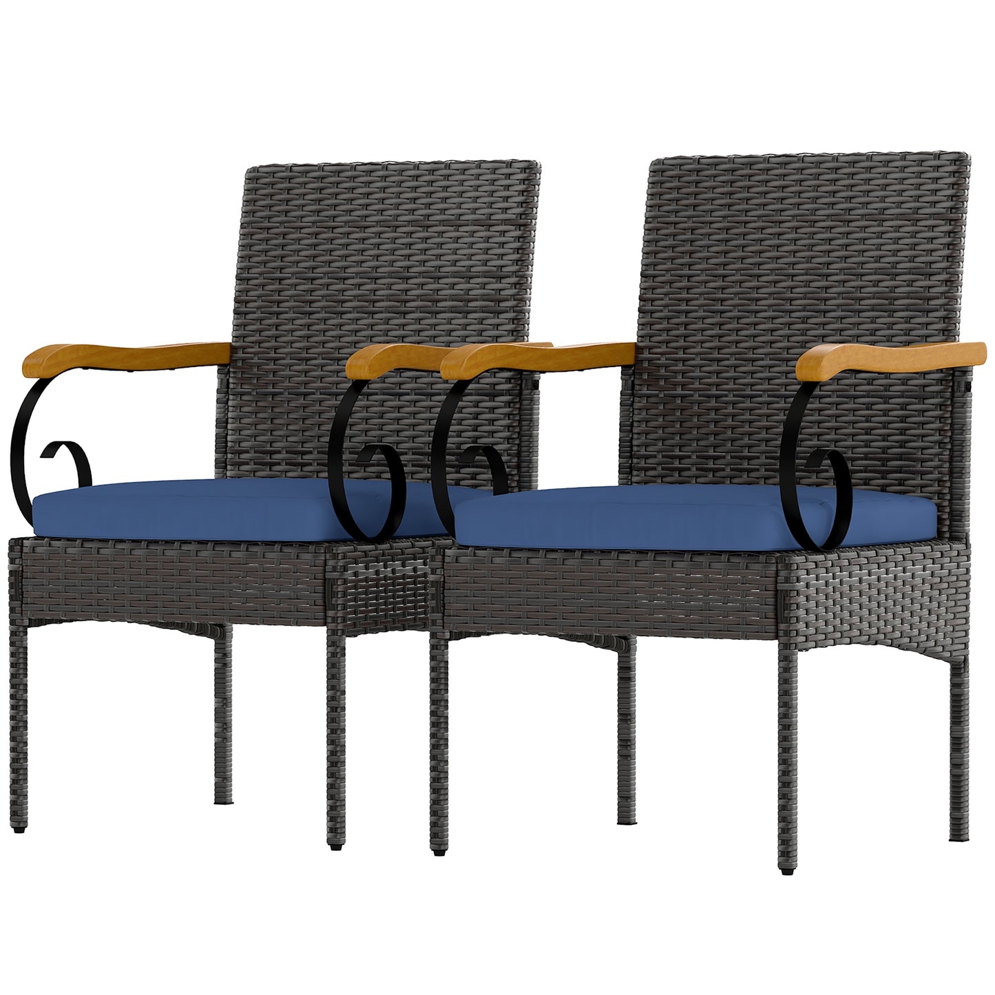 Outsunny Set of 2 Rattan Outdoor Dining Chairs, Wicker Patio Chairs with Removable Cushion, Acacia Wood Armrests, Light Grey